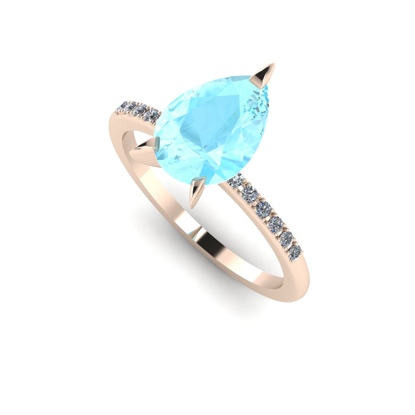 High angle studio detail shot of the Calista alternative engagement ring, showing the clear icy blue facets and exceptional light reflection within the aquamarine.