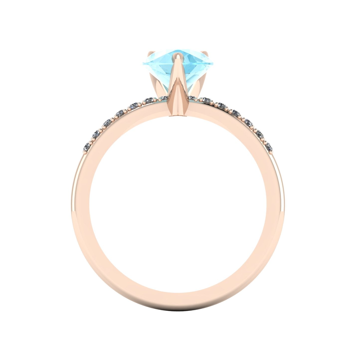 Through-finger view of the 18ct rose gold aquamarine ring, showing the smooth interior under-gallery and precise stone settings.