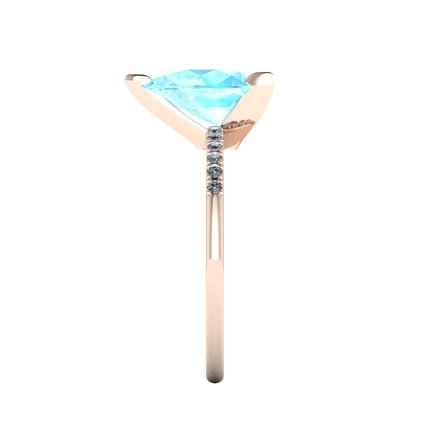 Side profile product photo of the Calista ring, displaying the clean, secure three-prong claw basket setting holding the 2-carat pear aquamarine.