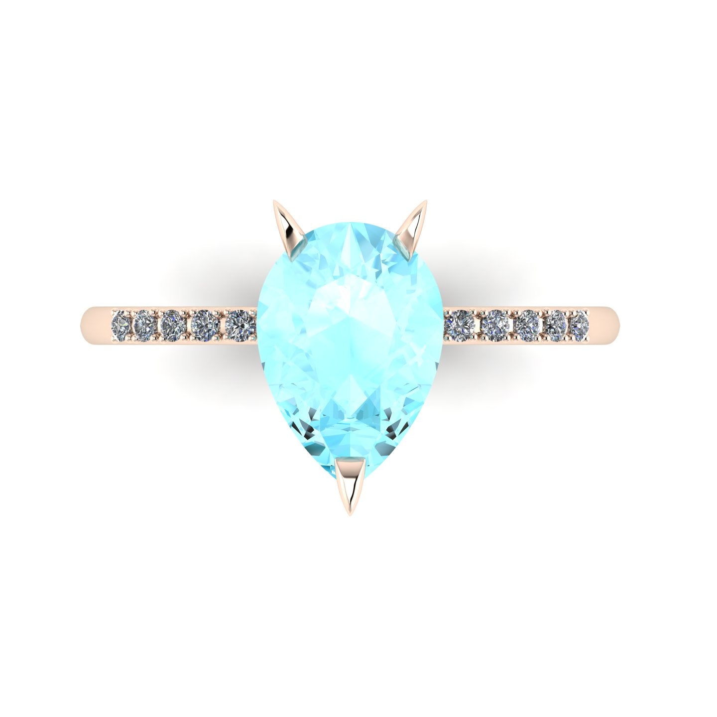 Top-down studio hero shot of the Calista engagement ring, featuring a vibrant 2-carat pear-shaped aquamarine on a polished 18ct rose gold band with sparkling diamond shoulders.