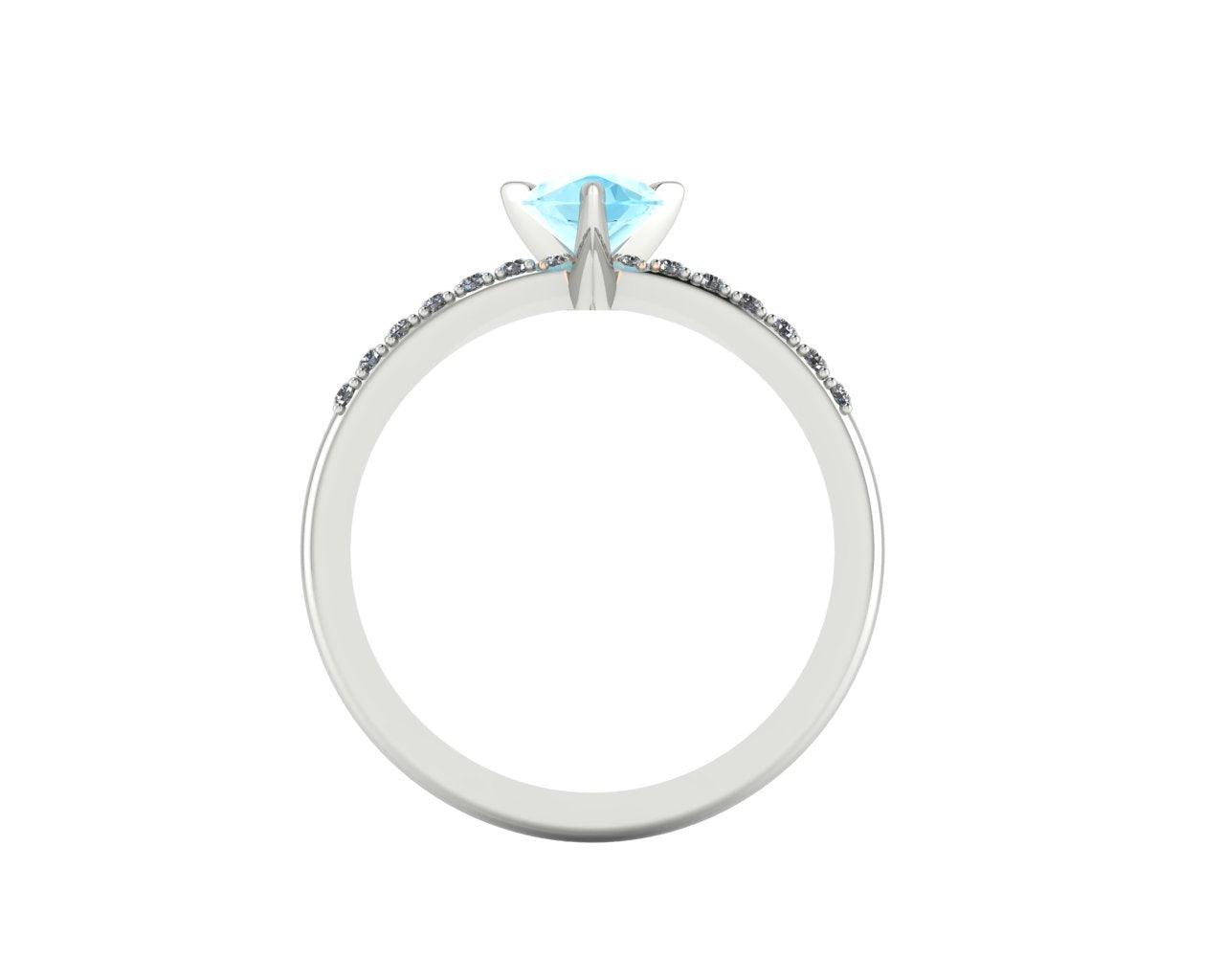 Through-finger view of the white gold or platinum aquamarine ring, displaying the pristine interior under-gallery and precise stone settings.