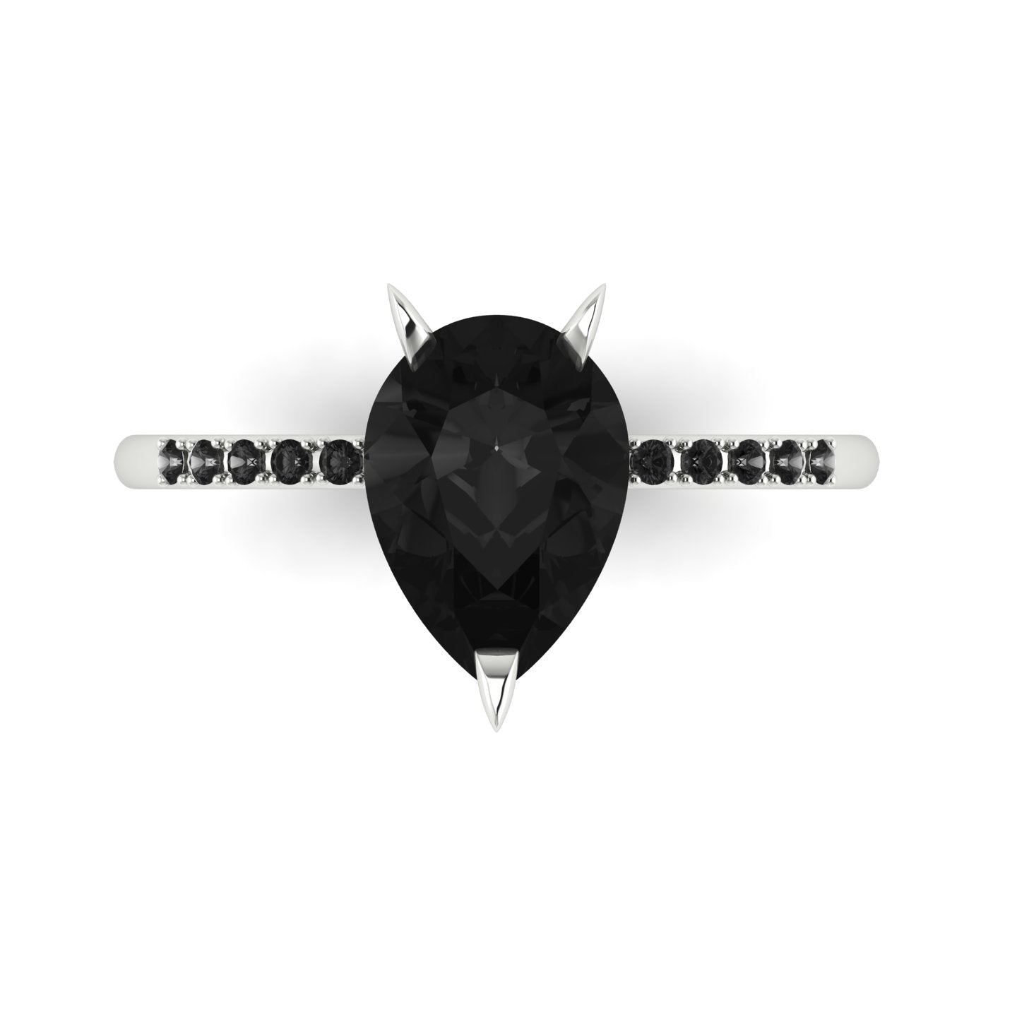 Top-down studio hero shot of the Calista engagement ring, featuring a massive pear-shaped black diamond framed by a dainty black diamond band.