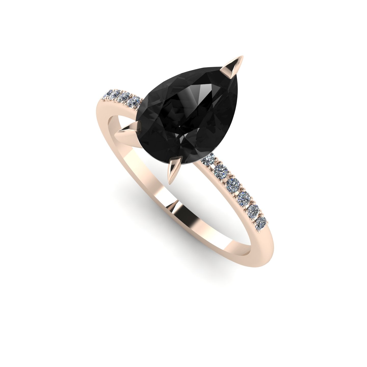 High angle studio detail shot of the Calista alternative engagement ring, showing the exceptional facet light reflections across the surface of the striking black diamond.