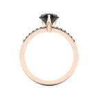 Through-finger view of the 18ct rose gold black diamond ring, showing the smooth interior under-gallery and precise stone settings.