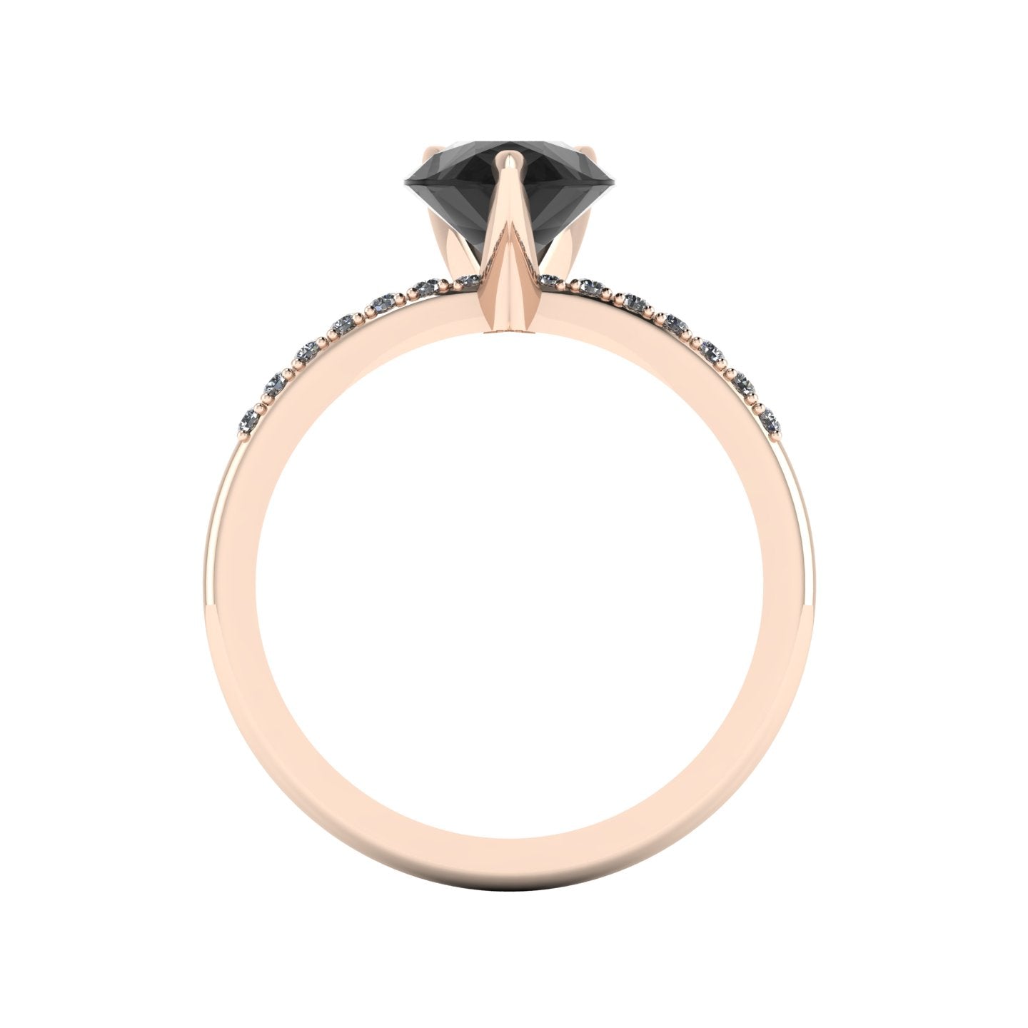 Through-finger view of the 18ct rose gold black diamond ring, showing the smooth interior under-gallery and precise stone settings.