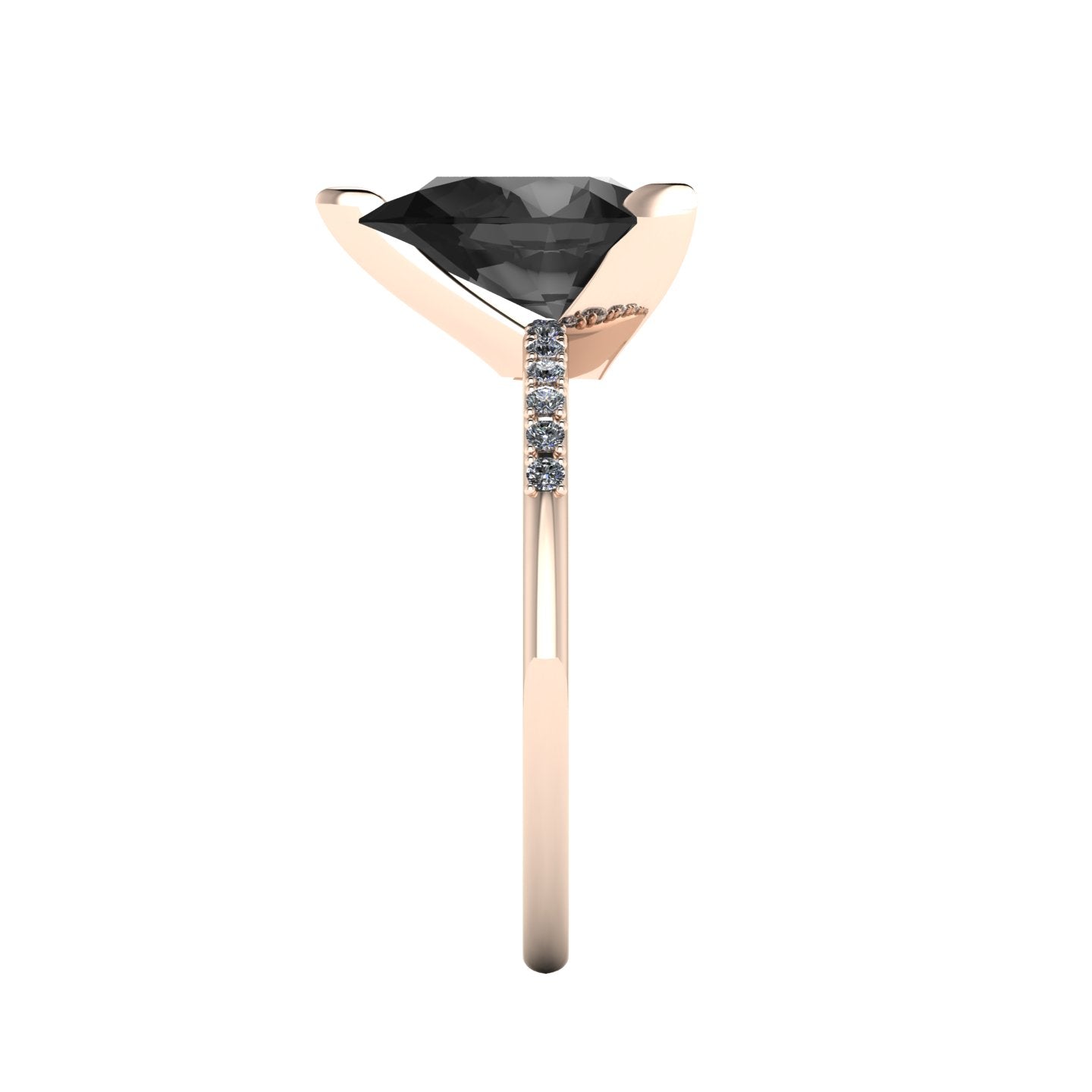 Side profile product photo of the Calista ring, displaying the clean, secure three-prong claw basket setting holding the 2-carat pear black diamond.