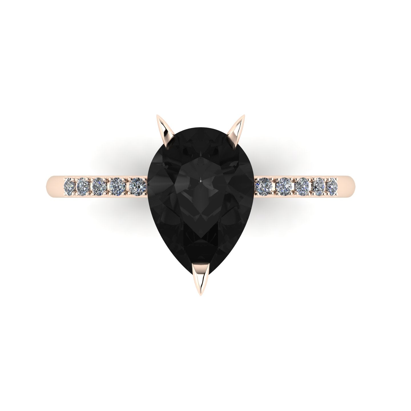 Calista engagement ring, featuring a bold 2-carat pear-shaped black diamond on a polished 18ct rose gold band with sparkling diamond shoulders.