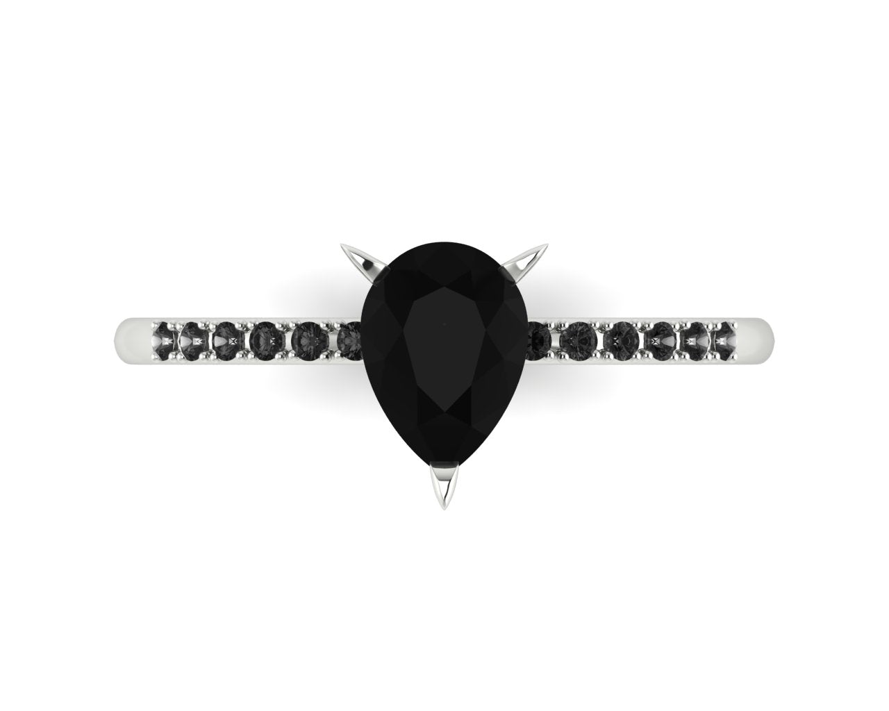 Top-down studio hero shot of the Calista ring, showcasing a striking pear-shaped black diamond on a band with pave-set white diamond shoulders.