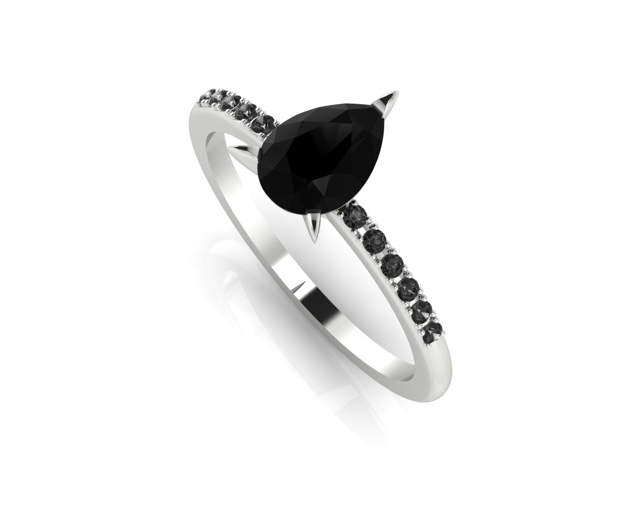 Front three-quarter studio view of the Calista ring, highlighting the brilliant white accent diamonds framing the central black pear diamond.