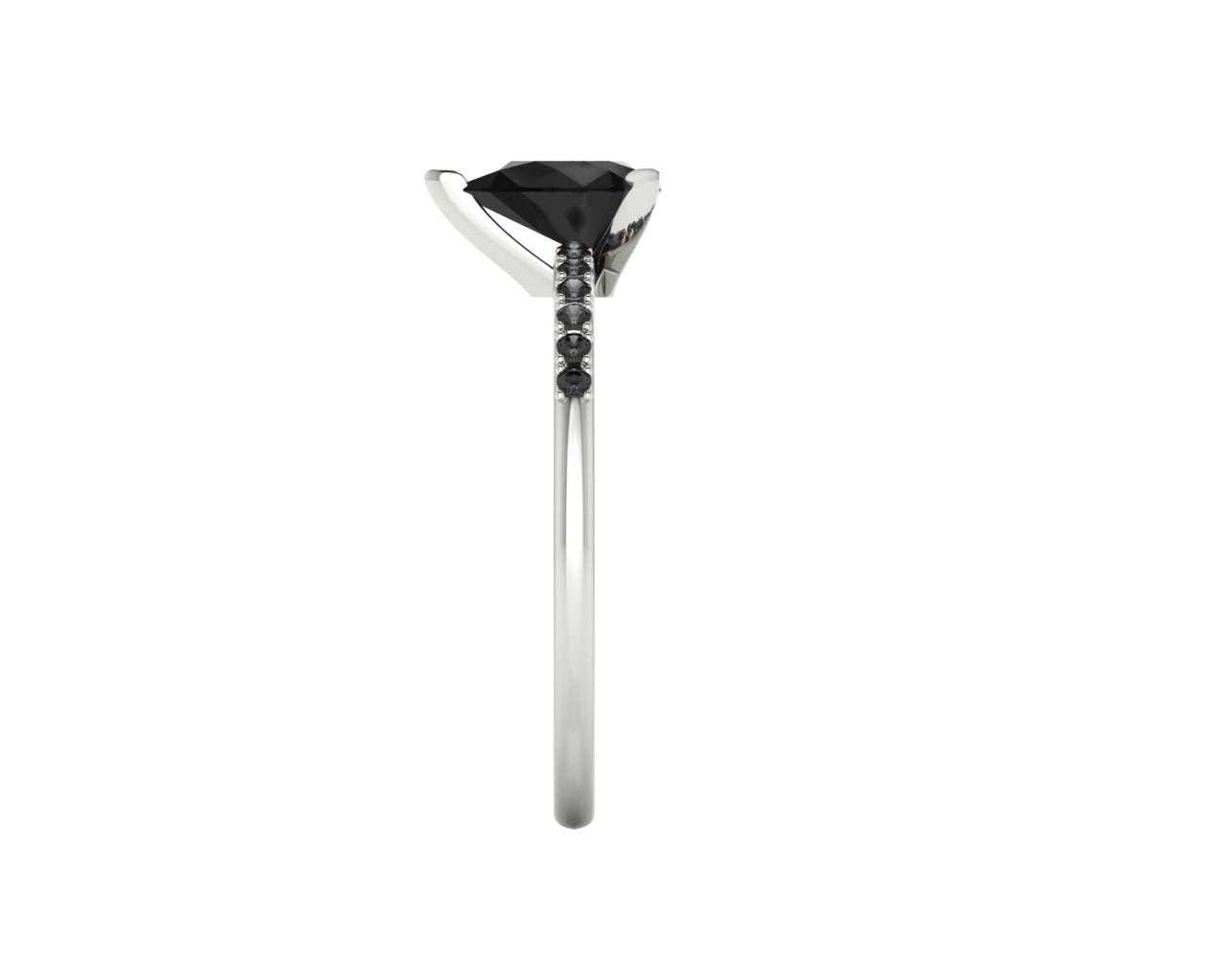 Side profile product photo of the Calista ring, displaying the secure, structural three-prong claw setting holding the black pear-cut diamond.