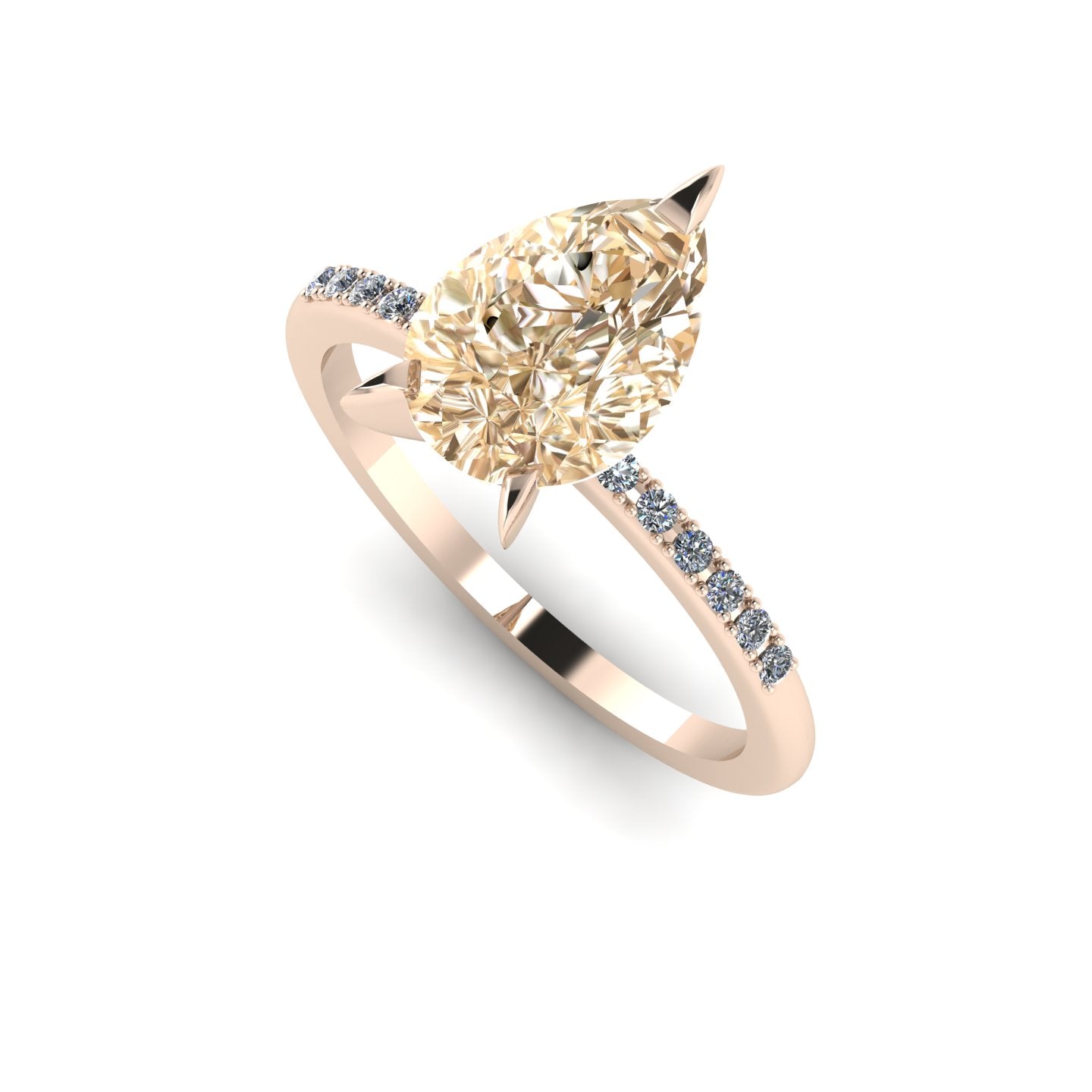 Front three-quarter studio view of the Calista champagne diamond ring, highlighting the row of brilliant white pavé diamonds set beautifully into the warm rose gold shoulders.