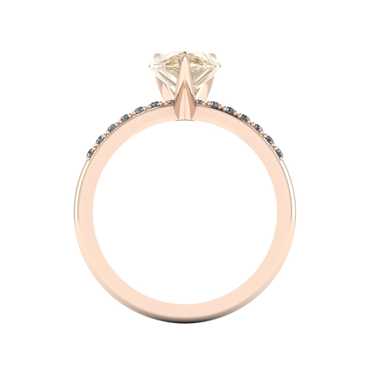 Through-finger view of the 18ct rose gold champagne diamond ring, showing the smooth, polished interior under-gallery and precise stone settings.