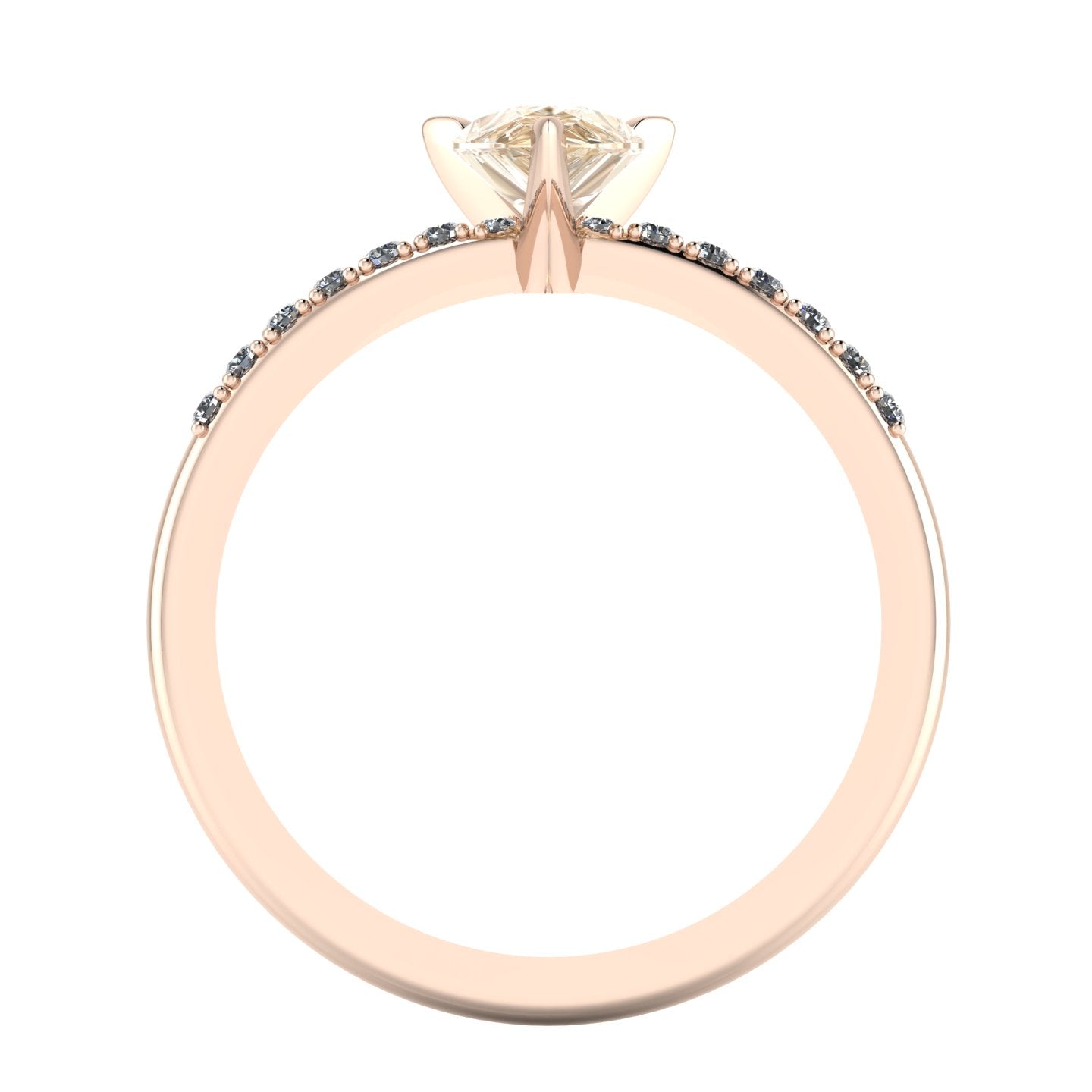 Through-finger view of the 18ct rose gold diamond ring, showing the polished interior under-gallery and precise stone settings.