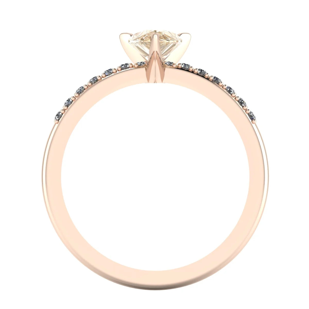 Calista pear shaped champagne diamond engagement ring in 18ct rose gold, through-finger view showing the polished under-gallery and precise diamond settings, handmade in our London studio