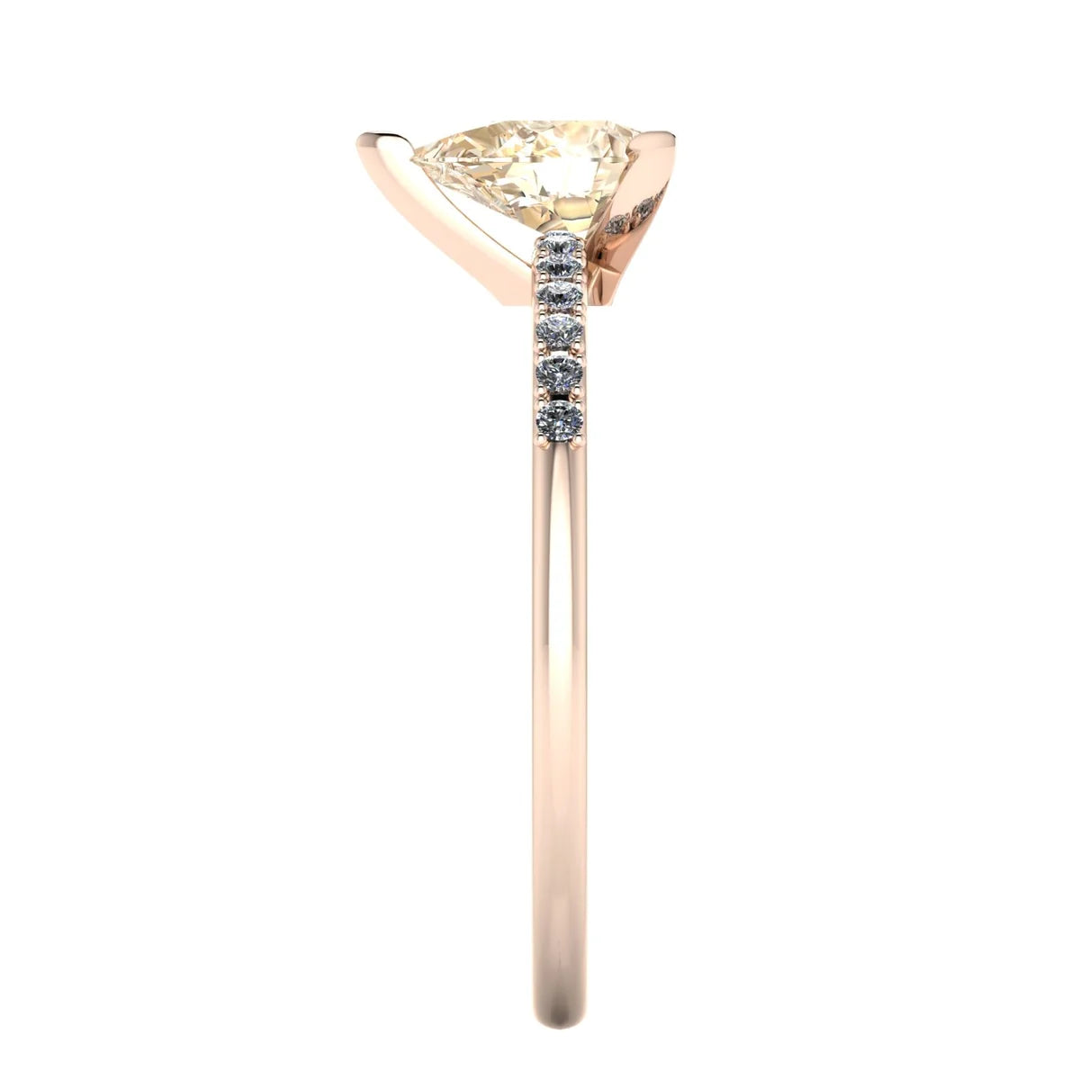 Calista pear shaped champagne diamond engagement ring in 18ct rose gold, side profile showing the elegant three-prong claw setting and pear-cut champagne diamond, handmade in our London studio