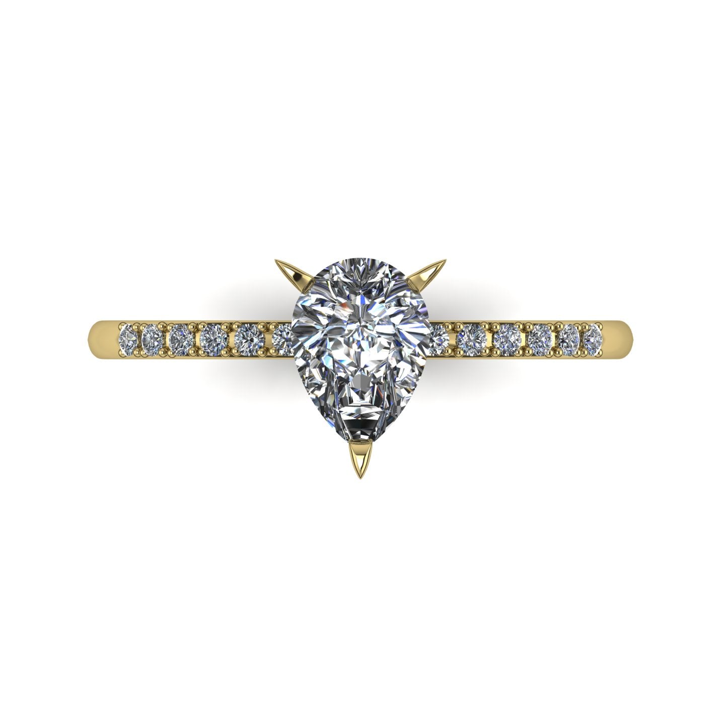 Calista engagement ring, featuring a brilliant natural pear-shaped diamond on an 18ct yellow gold band with diamond shoulders. White background.