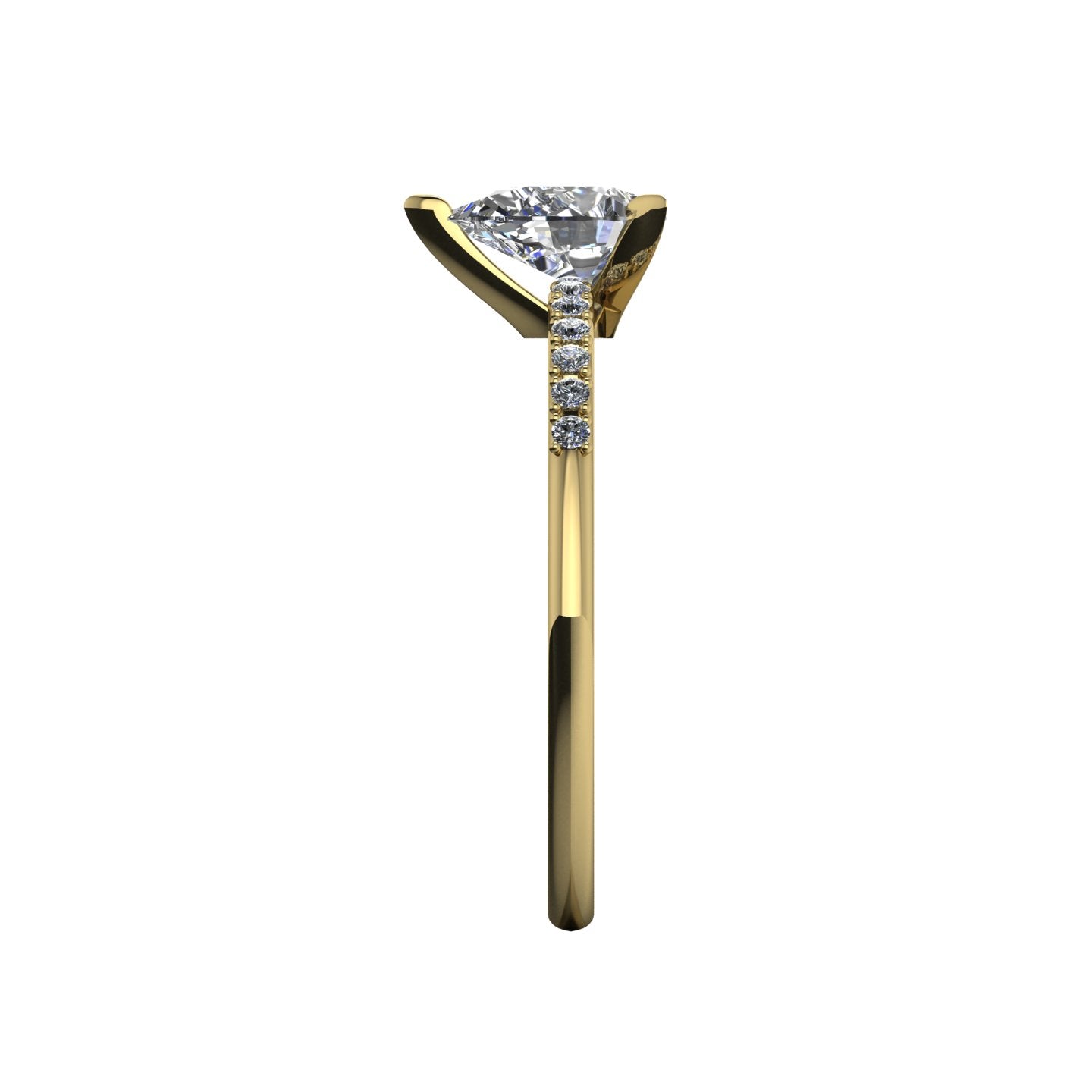 Side profile product photo of the Calista ring, displaying the clean, secure three-prong claw basket setting holding the natural pear diamond.