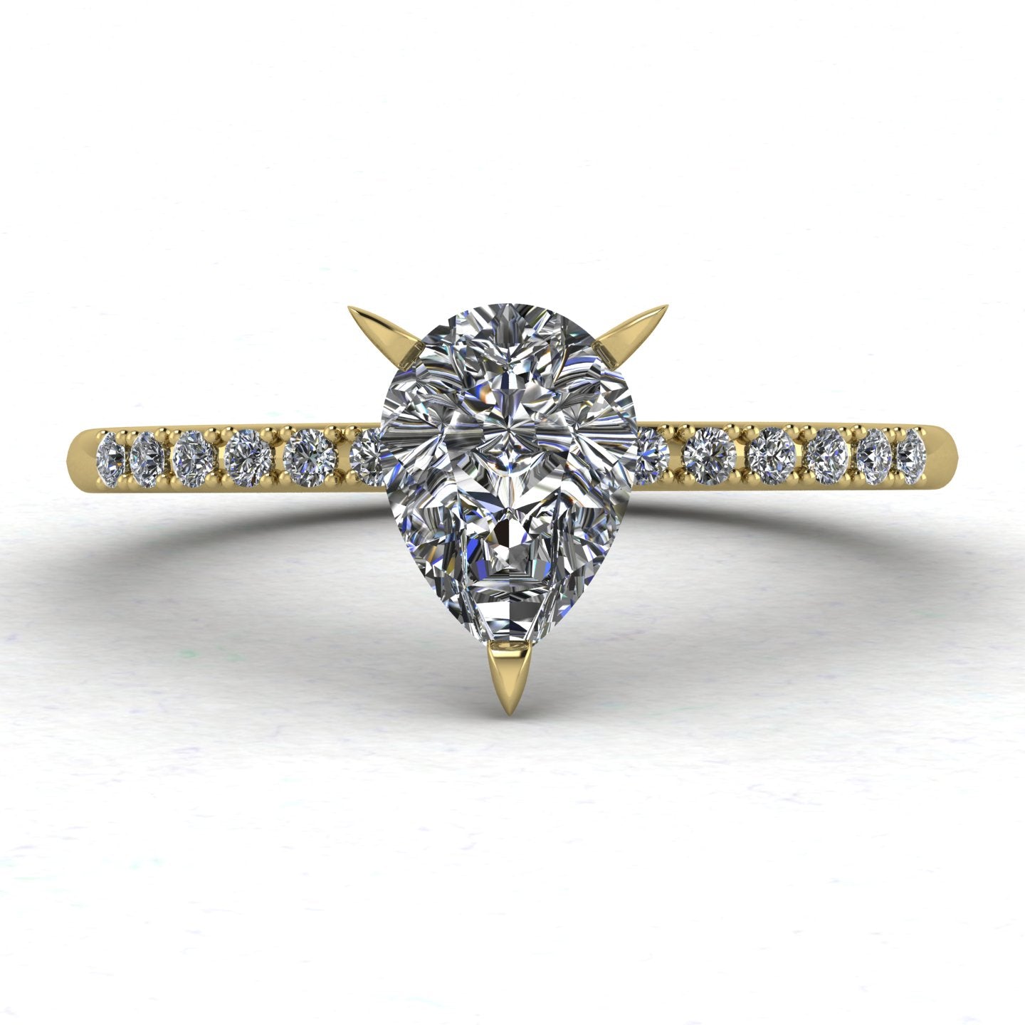 Calista engagement ring, featuring a brilliant natural pear-shaped diamond on an 18ct yellow gold band with diamond shoulders.