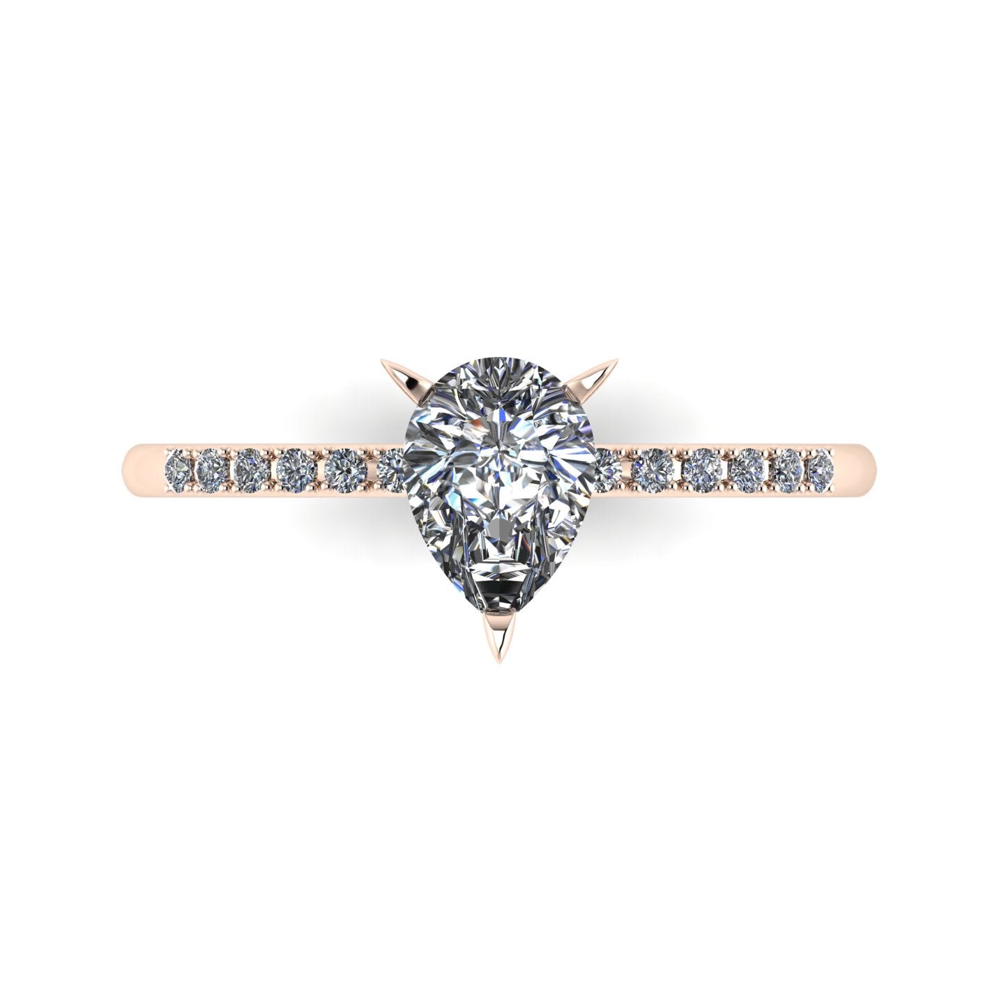 Top-down studio hero shot of the Calista engagement ring, featuring a brilliant natural pear-shaped diamond on an 18ct rose gold band with diamond shoulders.