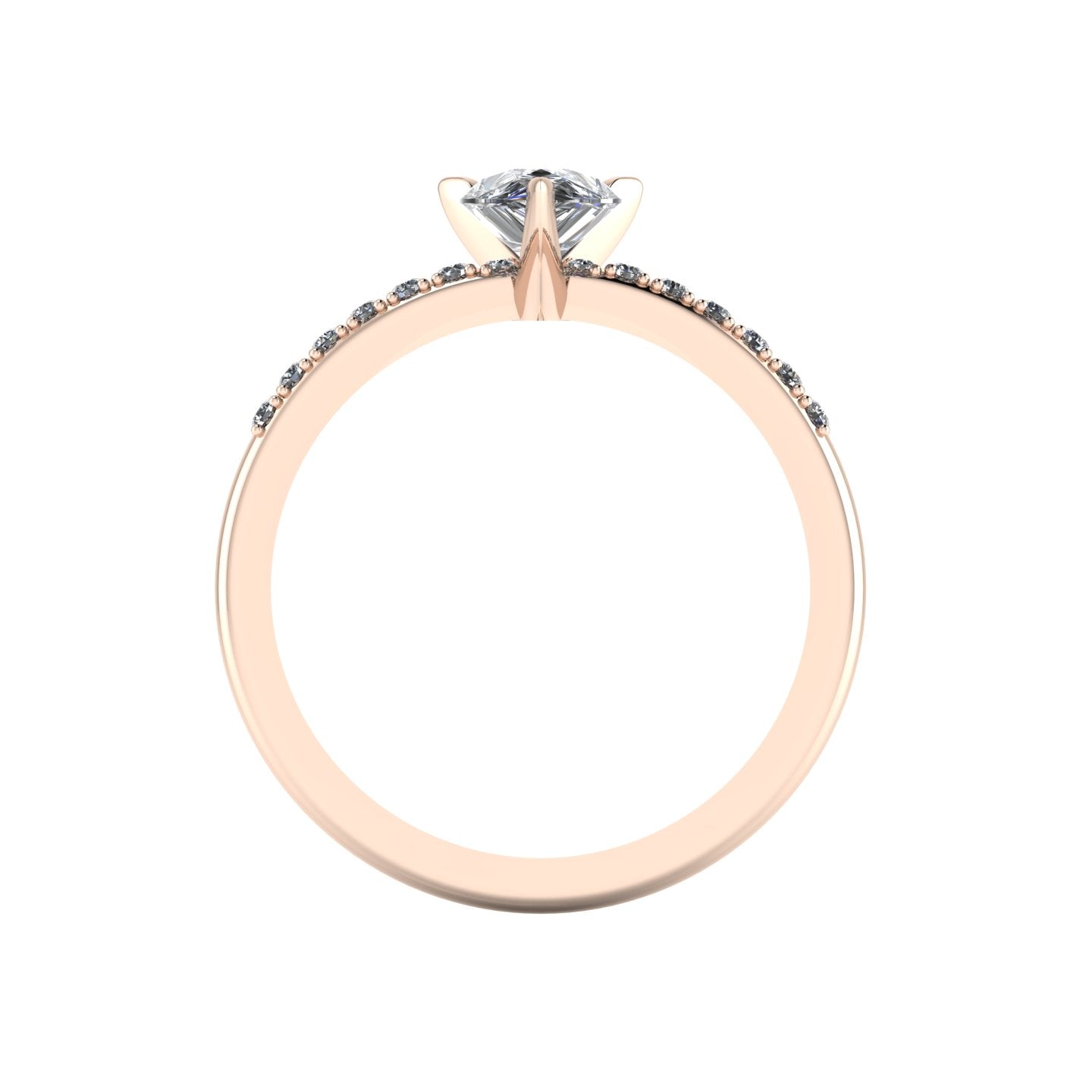 Through-finger view of the 18ct rose gold diamond ring, showing the flawless interior under-gallery and precise stone settings.