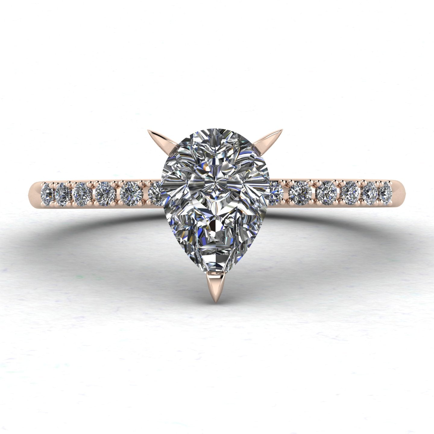 Front Calista engagement ring, featuring a brilliant natural pear-shaped diamond on an 18ct rose gold band with diamond shoulders.