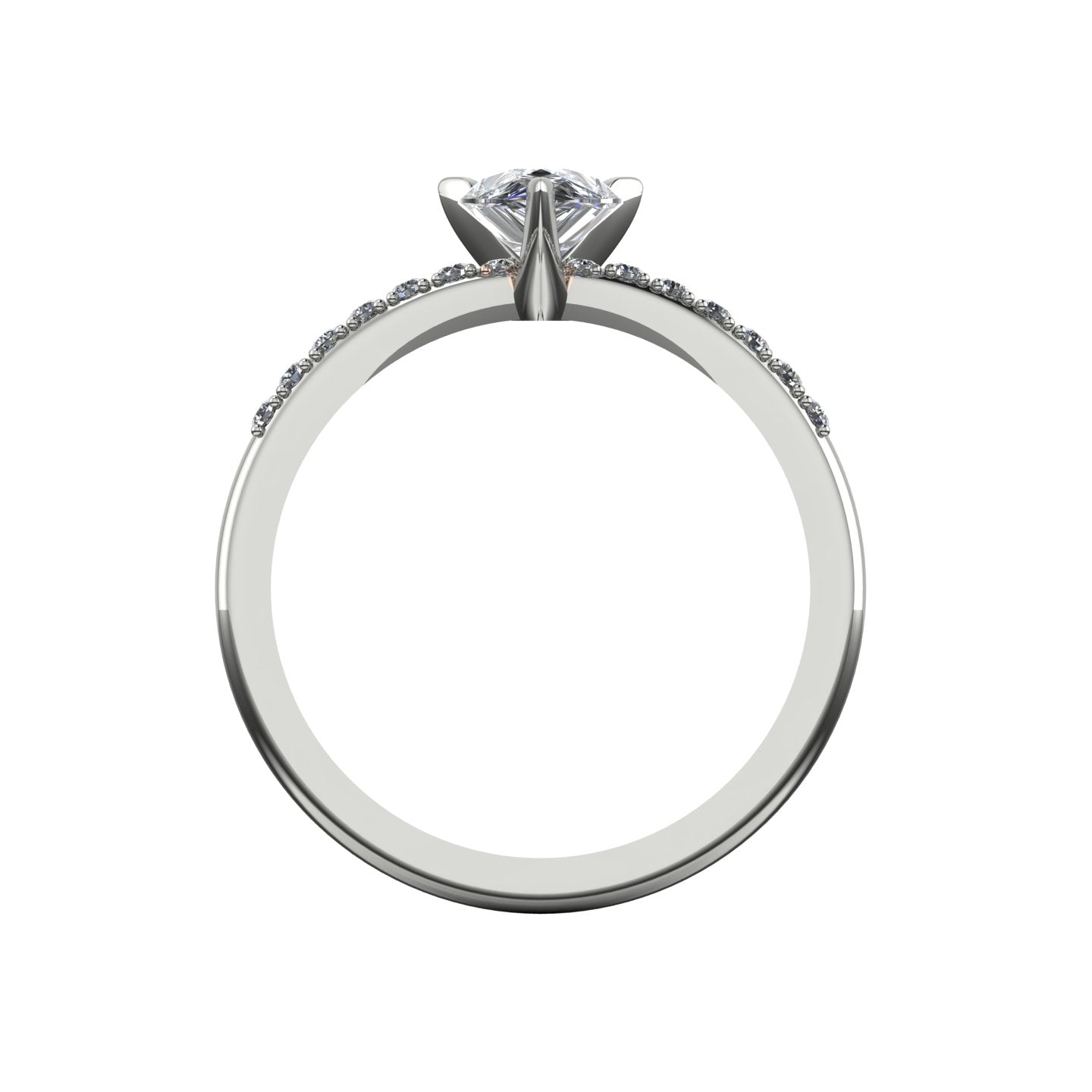 Through-finger view of the white gold or platinum diamond ring, showing the clean interior under-gallery and precise craftsmanship of the settings.