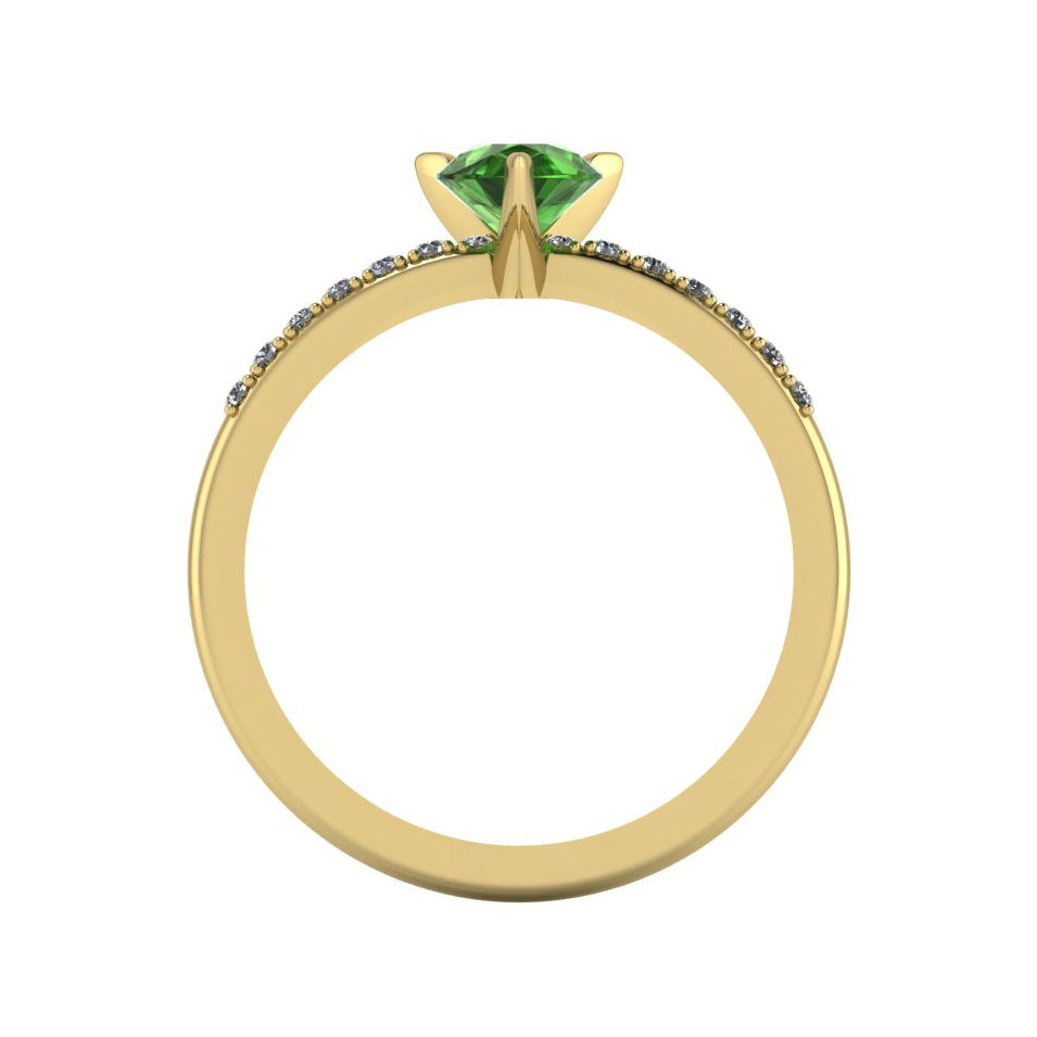 Through-finger view of the 18ct yellow gold green tourmaline ring, showing the smooth interior under-gallery and precise stone settings.