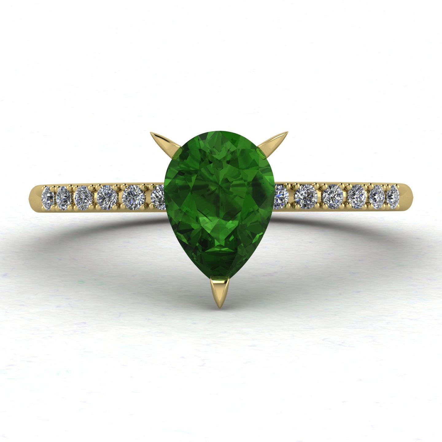 Front view of the Calista ring, featuring a vibrant pear-shaped green tourmaline on a polished 18ct yellow gold band with sparkling diamond shoulders.
