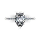 Top-down studio hero shot of the Calista white gold ring, showcasing a striking 2-carat pear-shaped lab-grown diamond on a slim band.