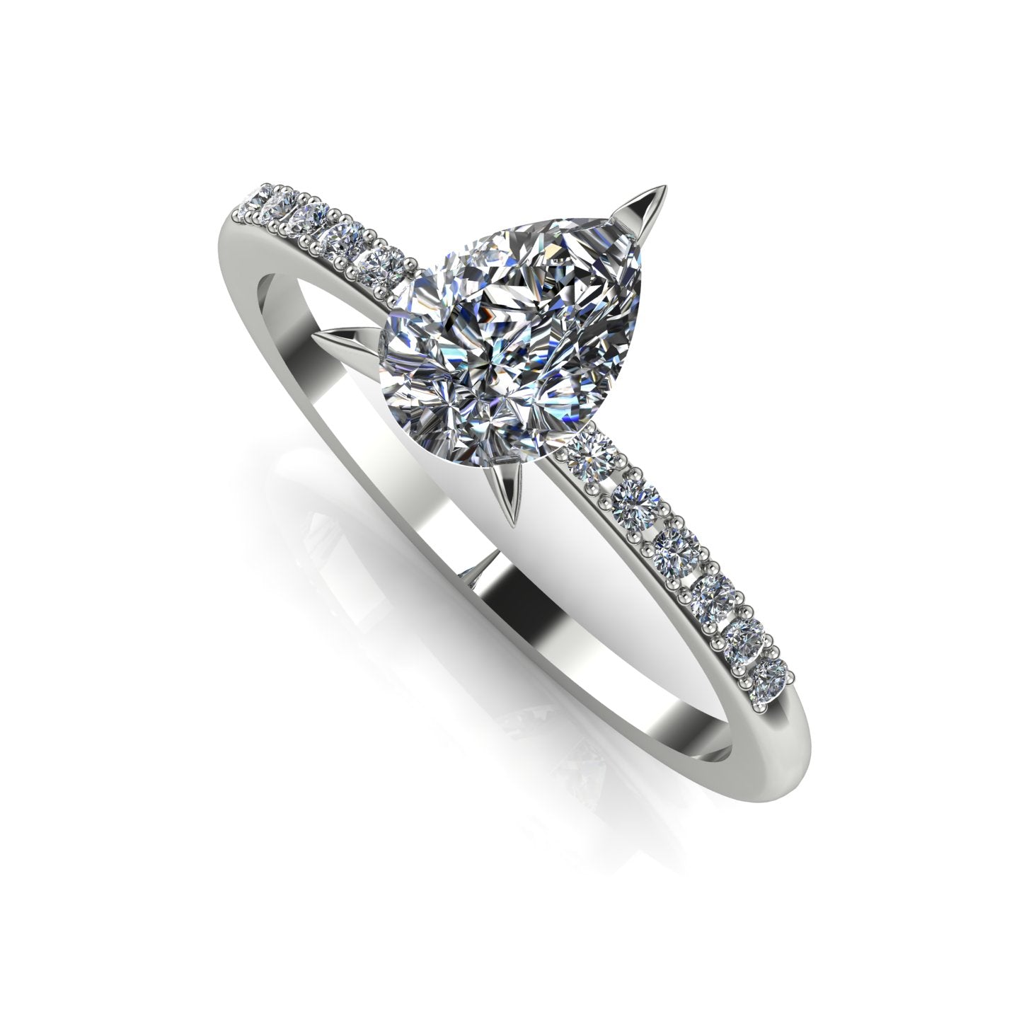 High angle studio detail shot of the Calista alternative engagement ring, highlighting the flawless clarity and light reflection across the central diamond facets.