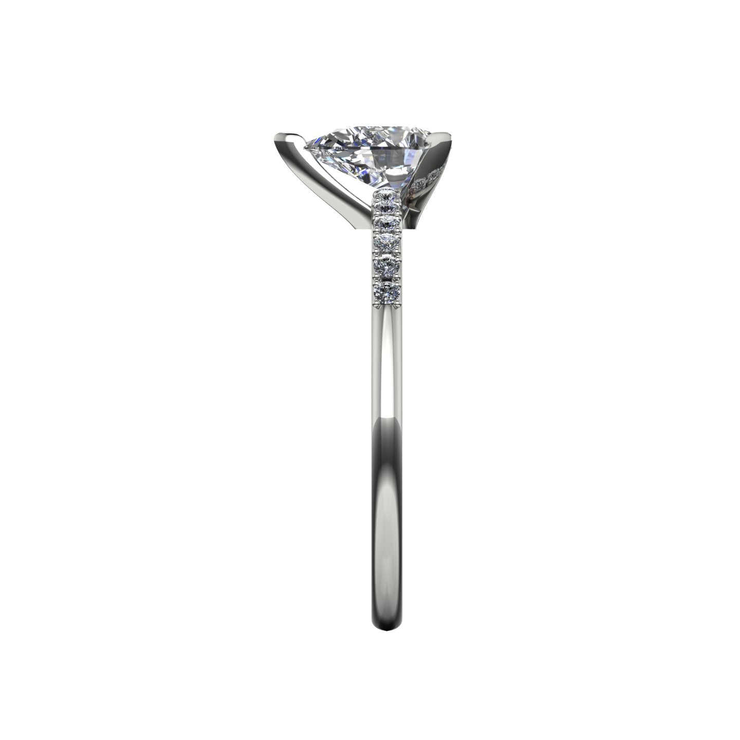 Side profile product photo of the Calista ring, displaying the clean, secure three-prong claw basket setting holding the pear lab-grown diamond.