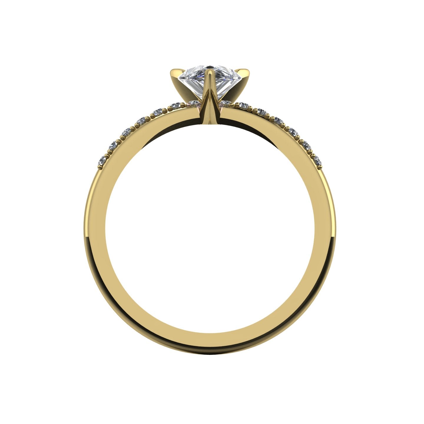 Through-finger view of the 18ct yellow gold lab diamond ring, showing the smooth interior under-gallery and precise stone settings.