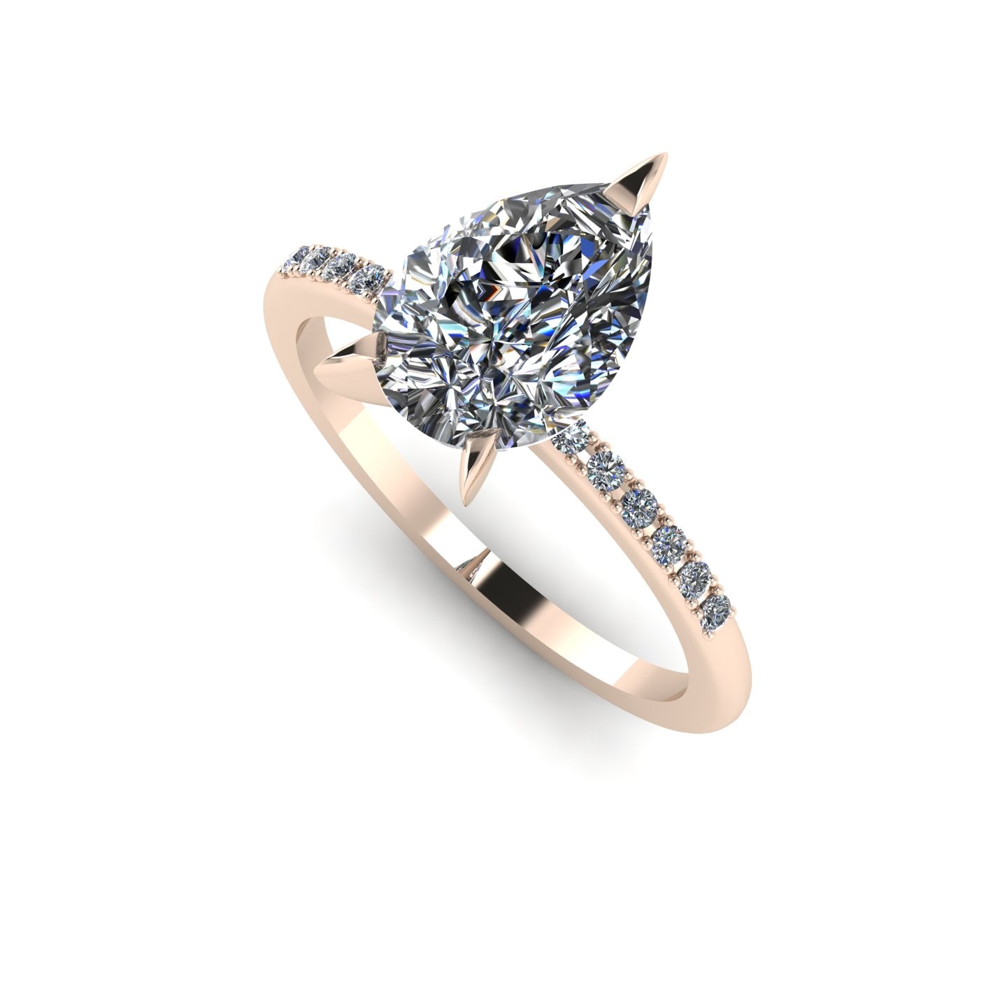 Front three-quarter studio view of the 2-carat Calista diamond ring, highlighting the row of white pavé diamonds set beautifully into the warm rose gold shoulders.