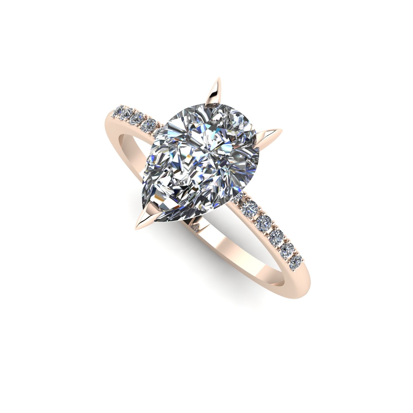 High angle studio detail shot of the Calista alternative engagement ring, showing the exceptional clarity, cut, and intense light reflection within the 2-carat pear diamond.
