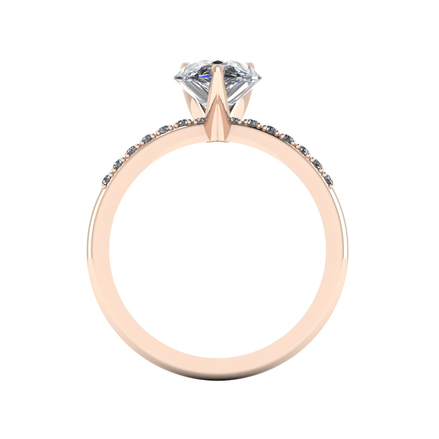 Through-finger view of the 18ct rose gold 2-carat diamond ring, showing the flawless interior under-gallery and precise stone settings.