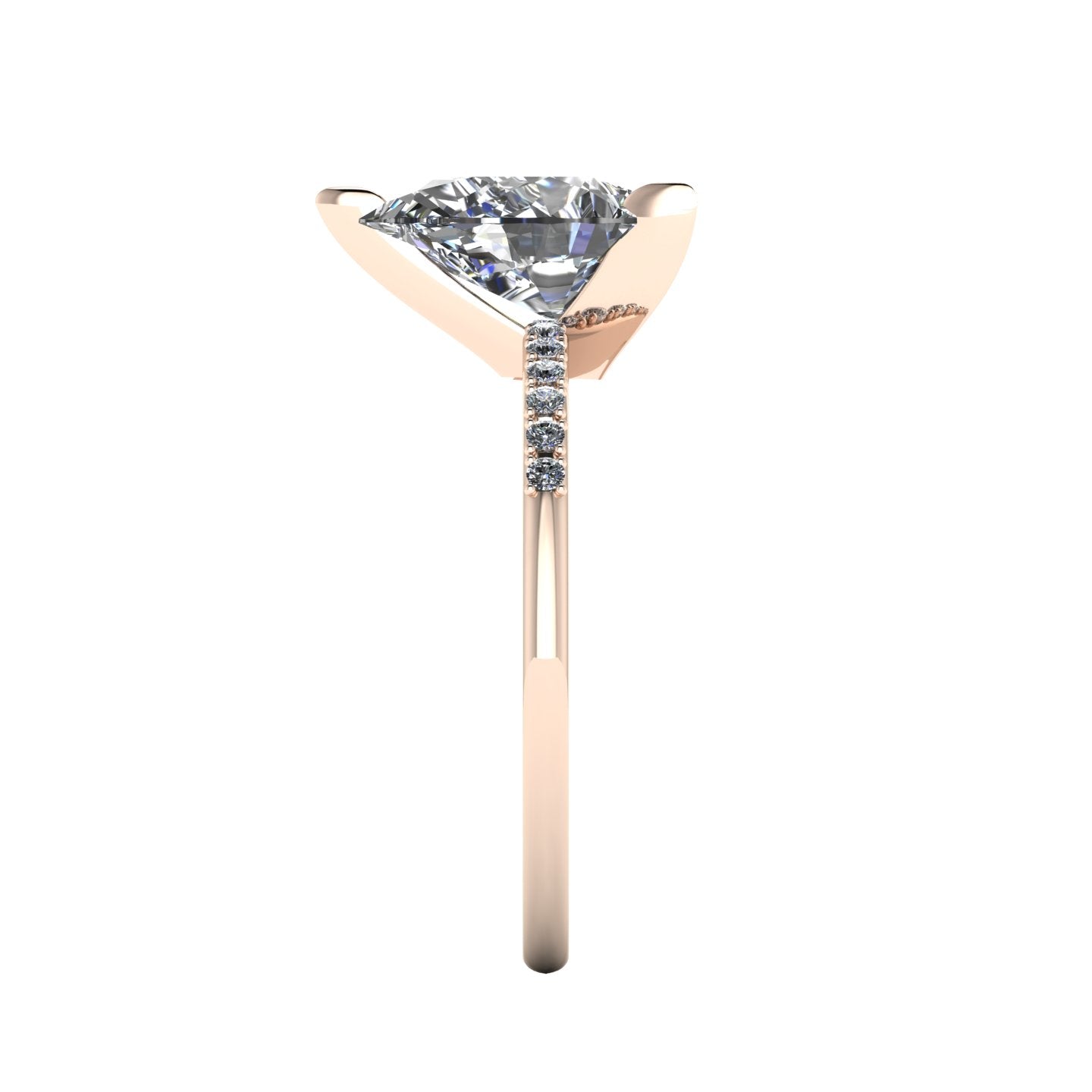 Side profile product photo of the Calista ring, displaying the elegant three-prong claw basket setting securely holding the substantial 2-carat pear lab diamond.