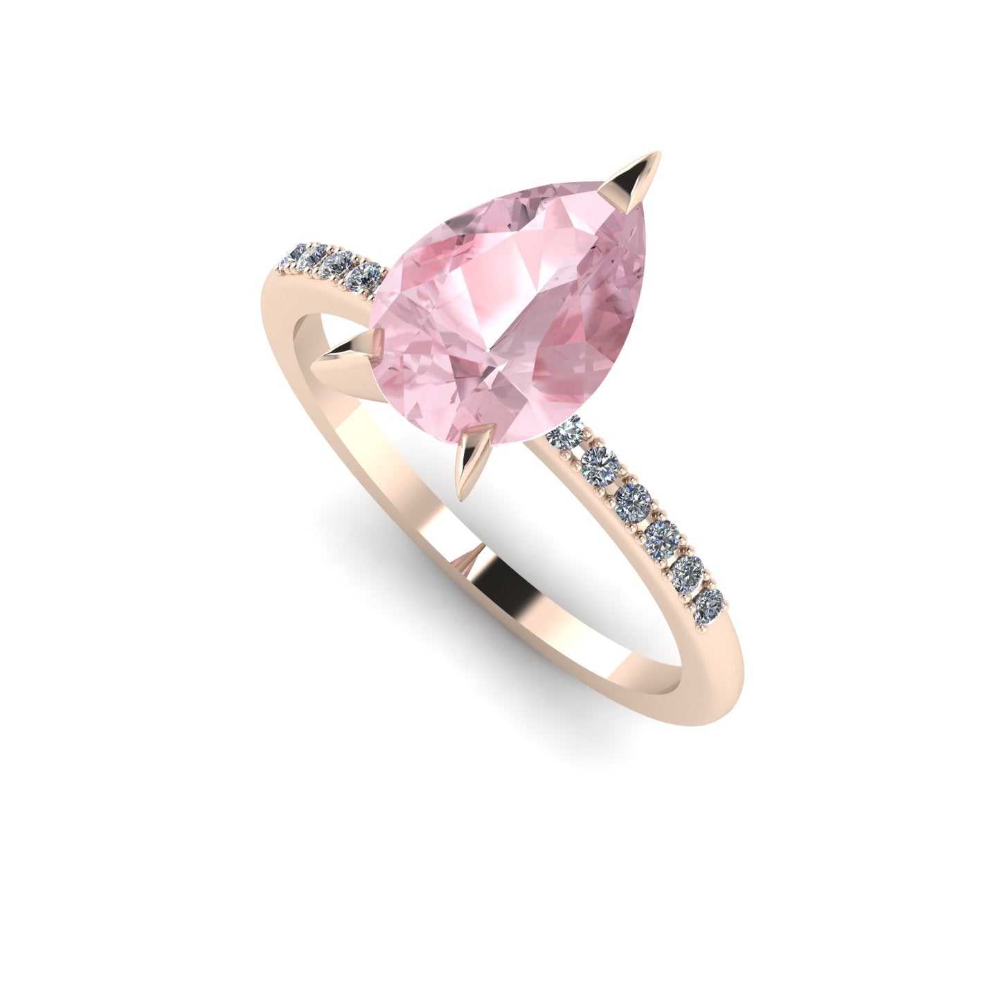 Front three-quarter studio view of the Calista morganite ring, highlighting the row of white pavé diamonds set beautifully into the warm rose gold shoulders.