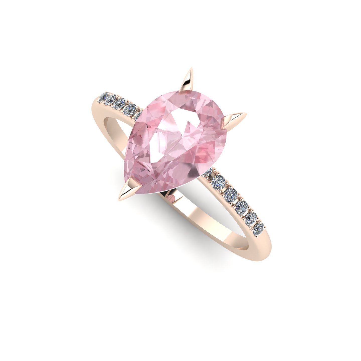 High angle studio detail shot of the Calista alternative engagement ring, showing the exceptional clarity and soft pink light reflections within the morganite.