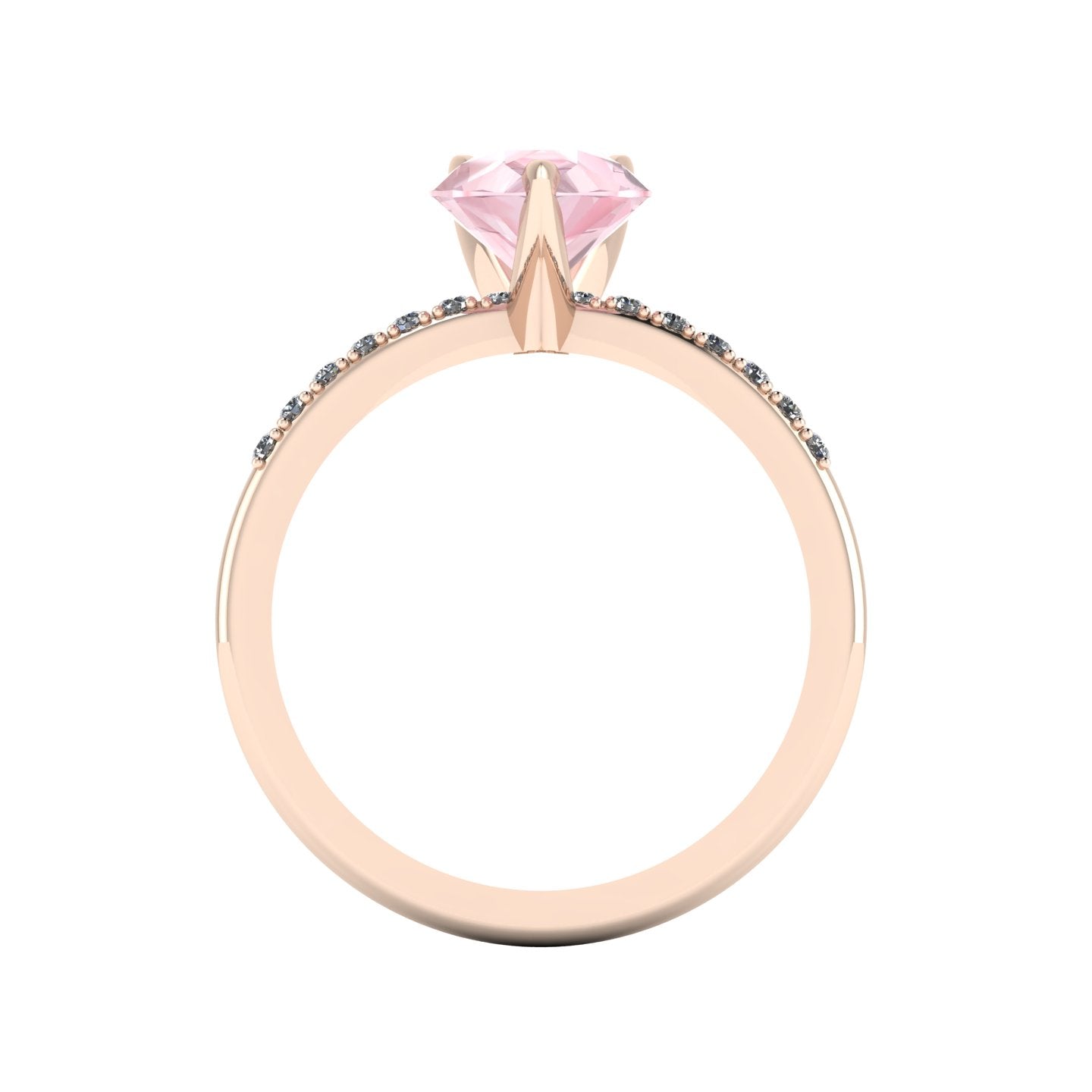 Through-finger view of the 18ct rose gold morganite ring, showing the smooth interior under-gallery and precise stone settings.