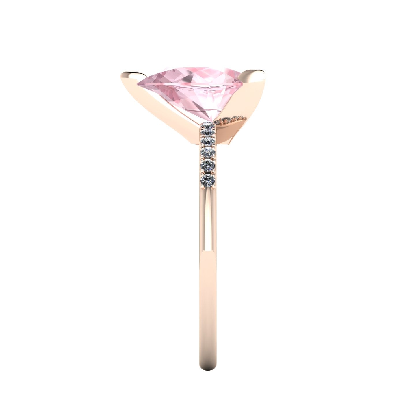 Side profile product photo of the Calista ring, displaying the elegant three-prong claw basket setting holding the 2-carat pear morganite.