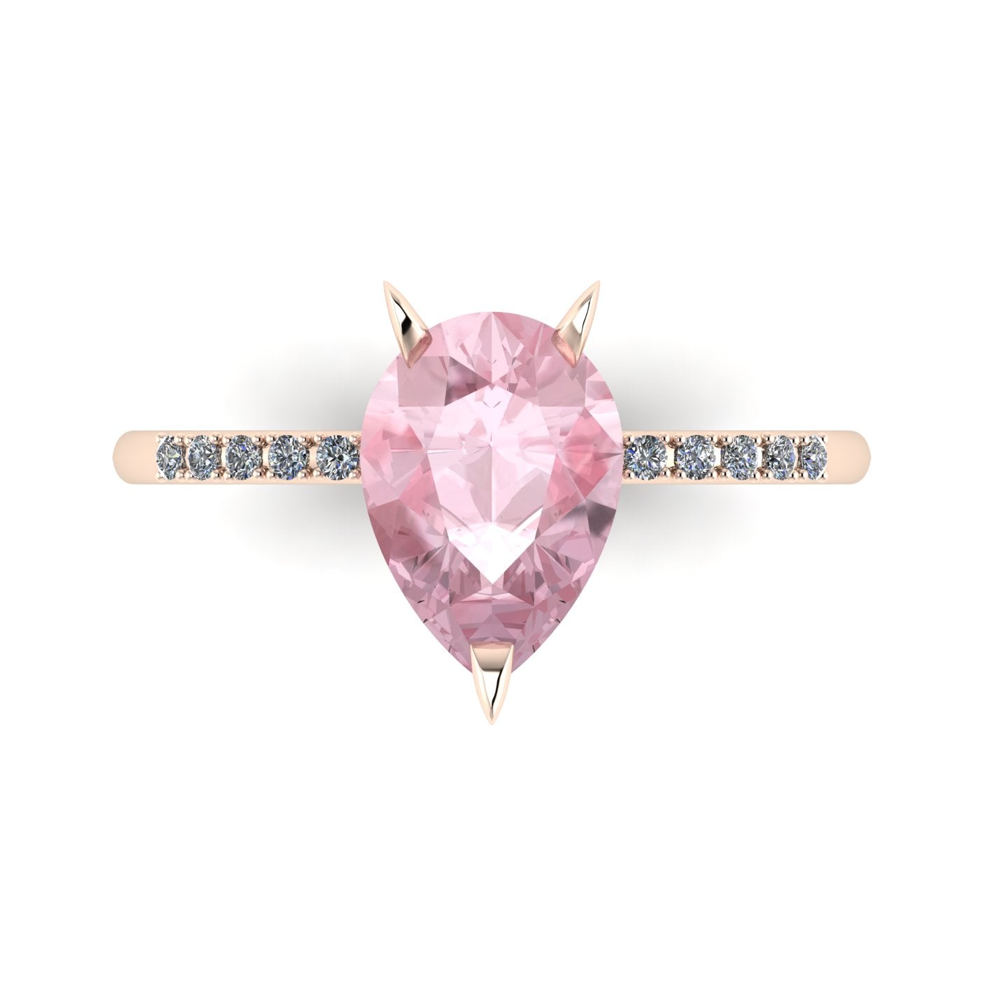 Calista engagement ring, featuring a beautiful 2-carat pear-shaped morganite on a polished 18ct rose gold band with sparkling diamond shoulders.