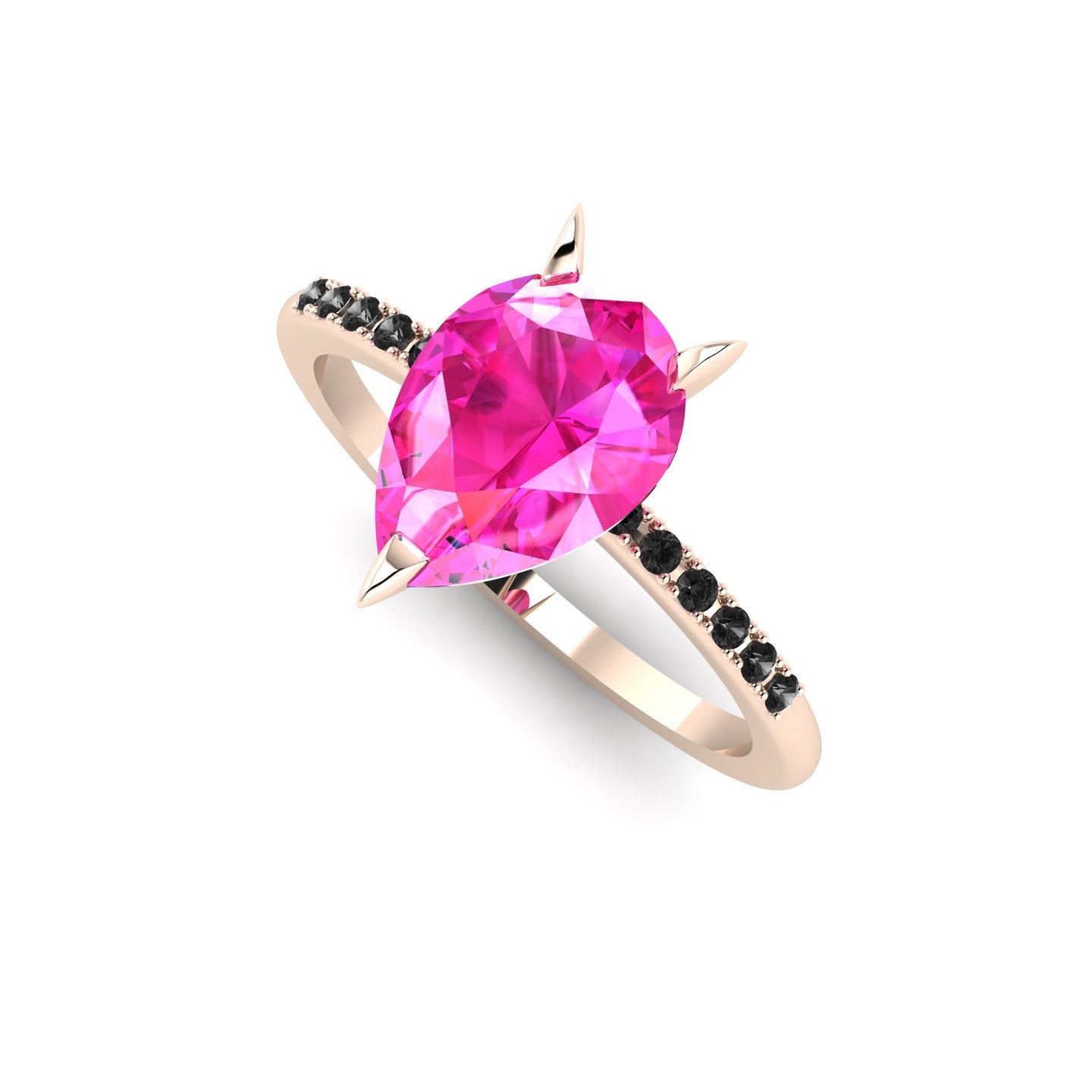 High angle studio detail shot of the Calista alternative engagement ring, showing the exceptional colour depth and light reflection within the pink sapphire.