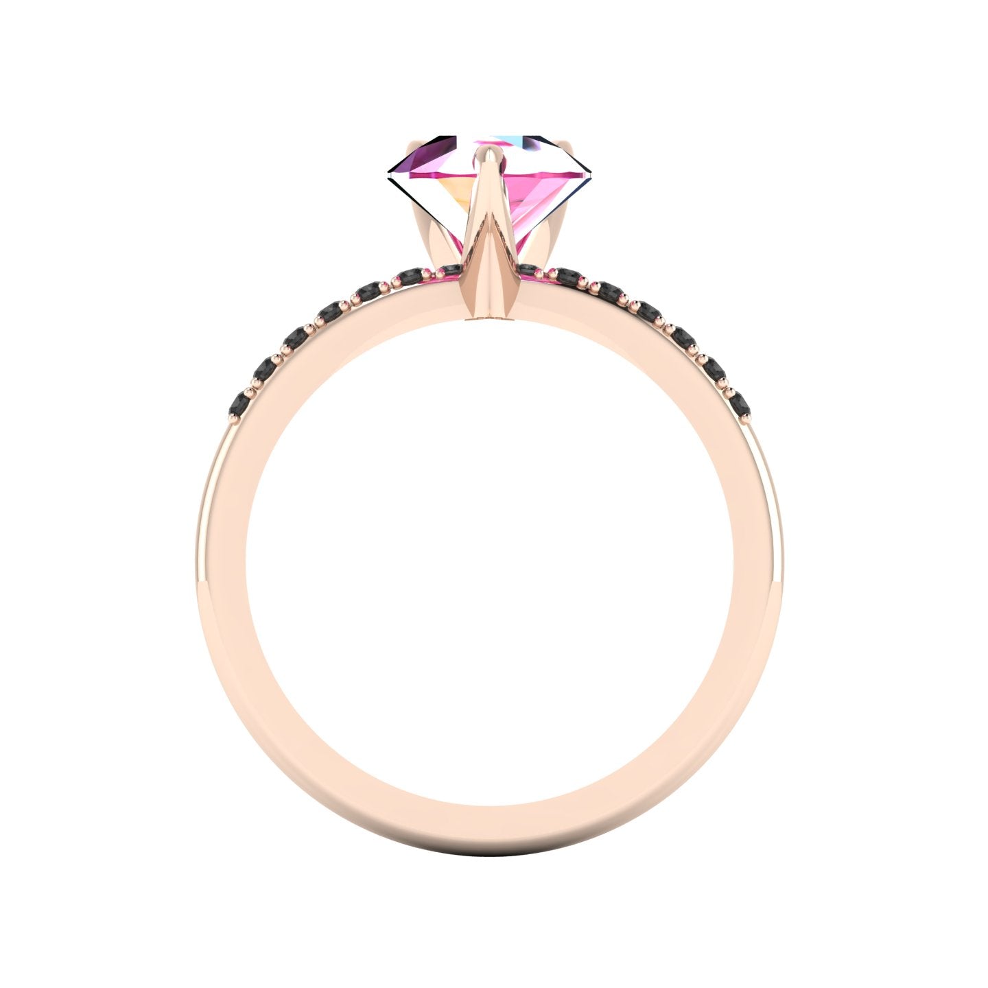 Through-finger view of the 18ct rose gold pink sapphire ring, showing the smooth interior under-gallery and precise stone settings.