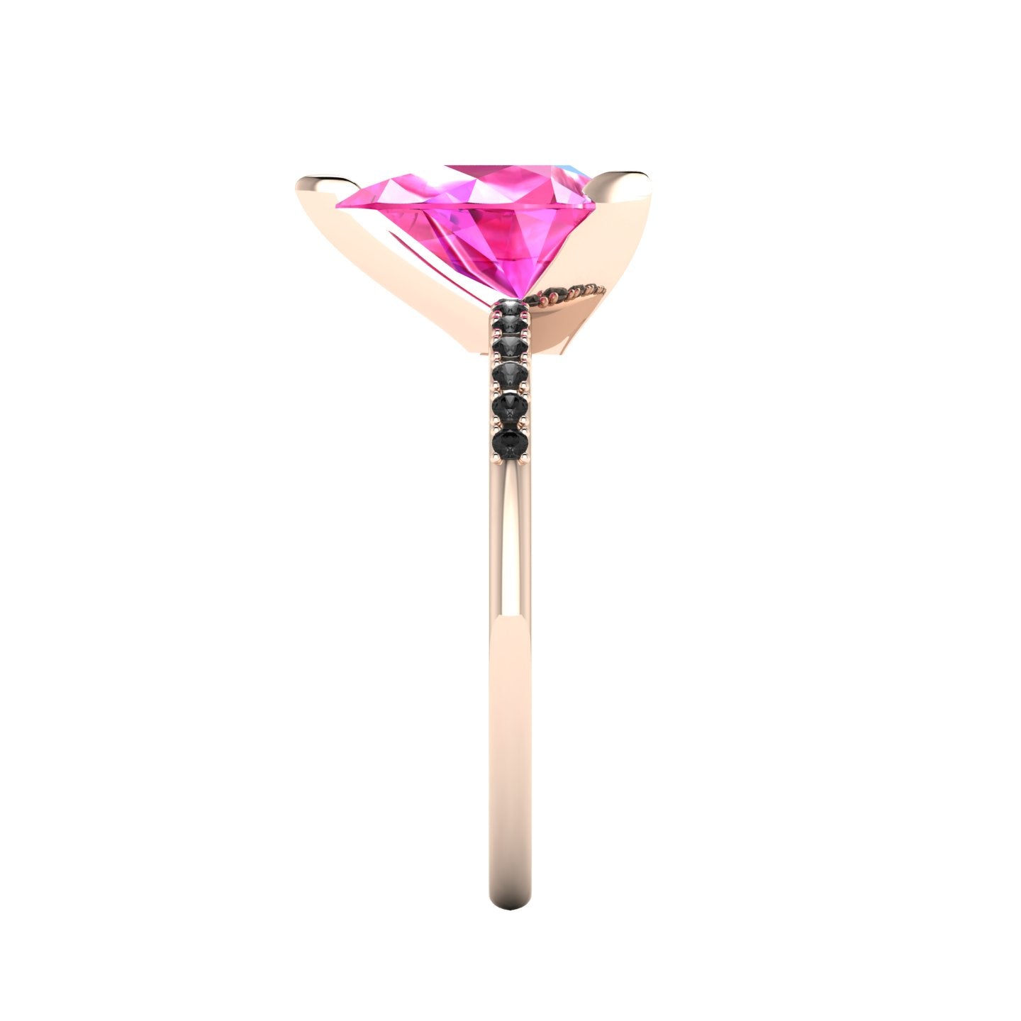 Side profile product photo of the Calista ring, displaying the secure three-prong claw basket setting holding the 2-carat pear pink sapphire.