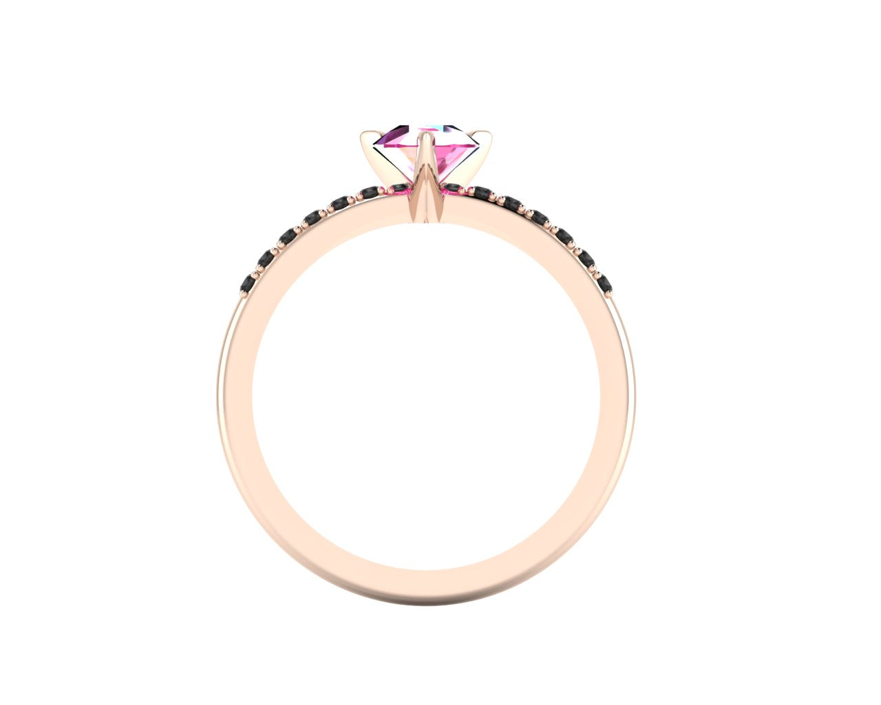 Through-finger view of the 18ct rose gold sapphire ring, showing the clean interior under-gallery and precise settings for the accent black diamonds.