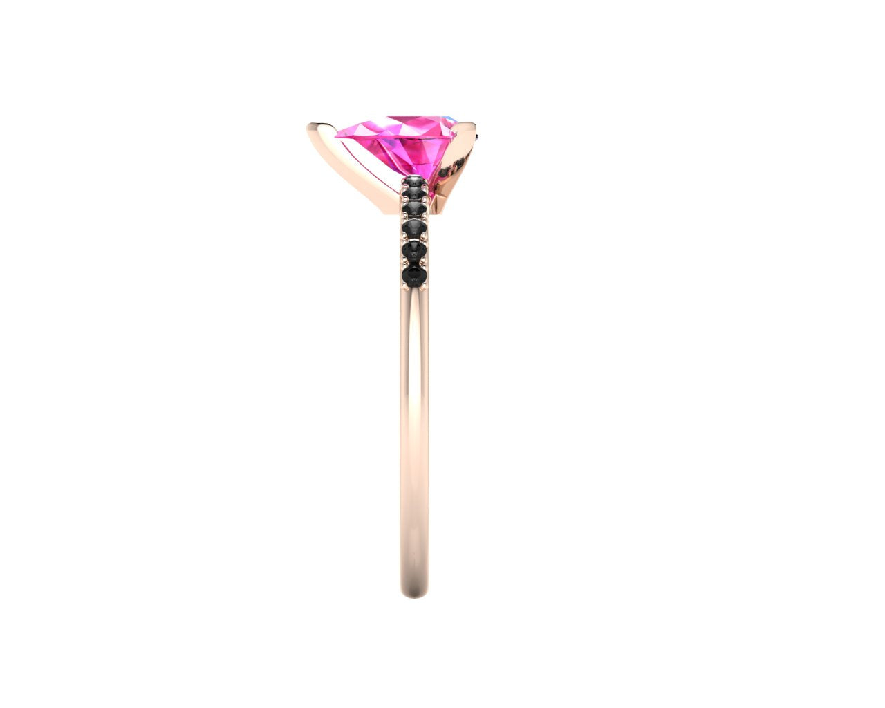 Side profile product photo of the Calista ring, displaying the elegant three-prong basket setting holding the pear-cut pink sapphire.