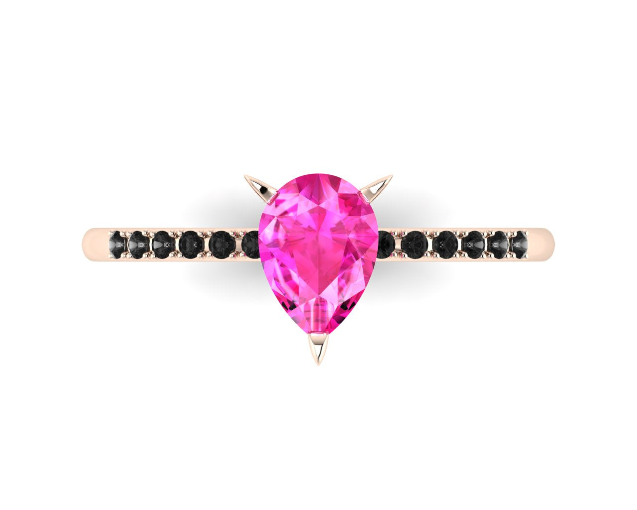 Top-down studio hero shot of the Calista ring, featuring a vibrant pear-shaped pink sapphire on an 18ct rose gold band with black diamond shoulders.