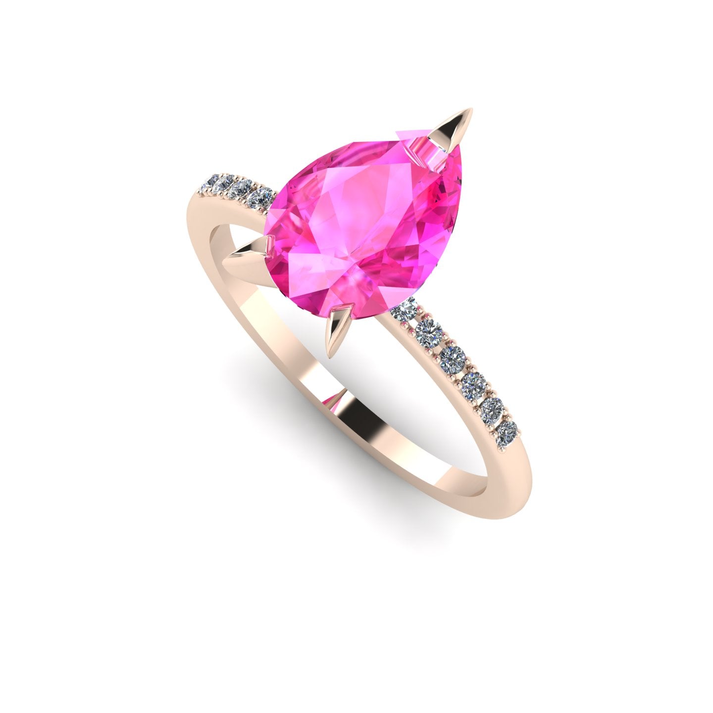 Front three-quarter studio view of the Calista pink sapphire ring, highlighting the row of white pavé diamonds set beautifully into the warm rose gold shoulders.