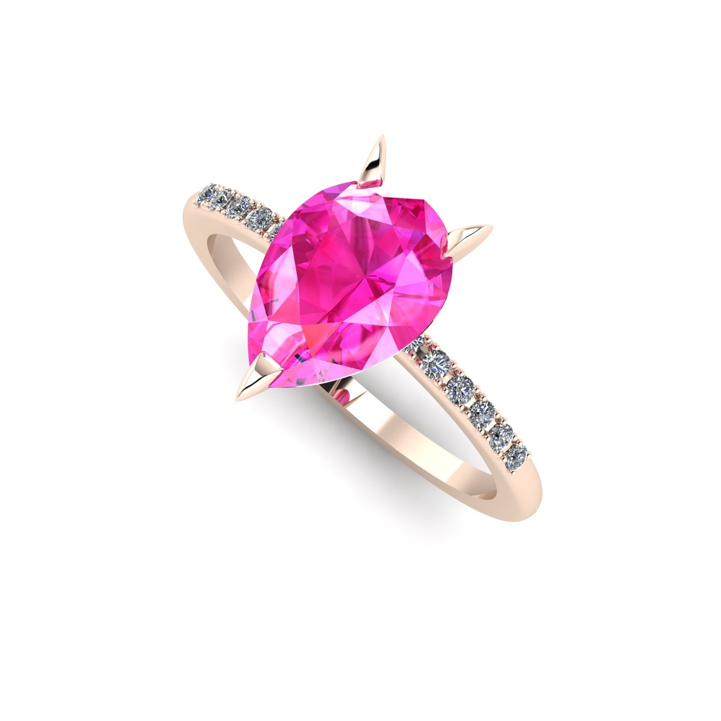 High angle studio detail shot of the Calista alternative engagement ring, showing the exceptional clarity and rich pink light reflections within the sapphire.