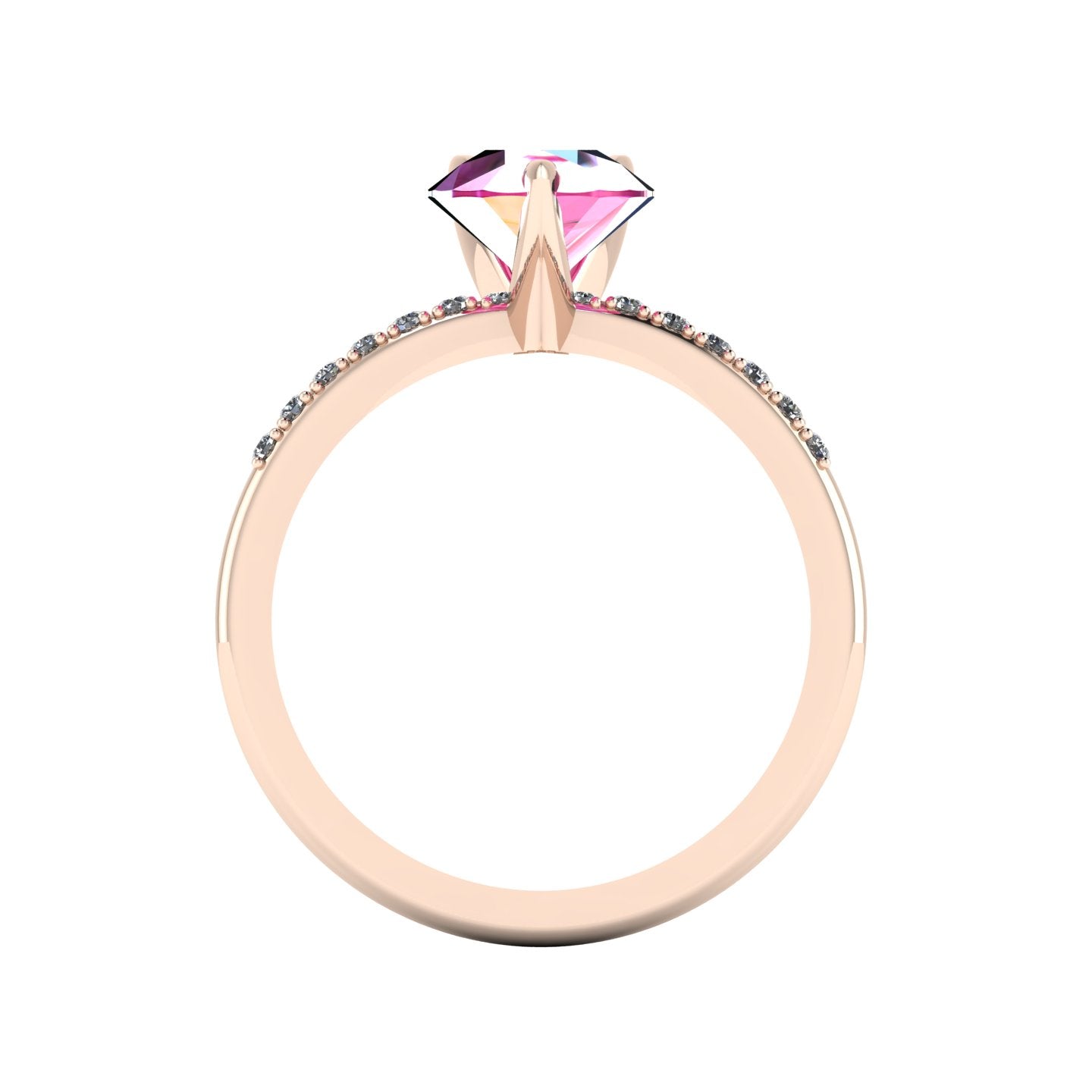 Through-finger view of the 18ct rose gold pink sapphire ring, showing the smooth interior under-gallery and precise stone settings.